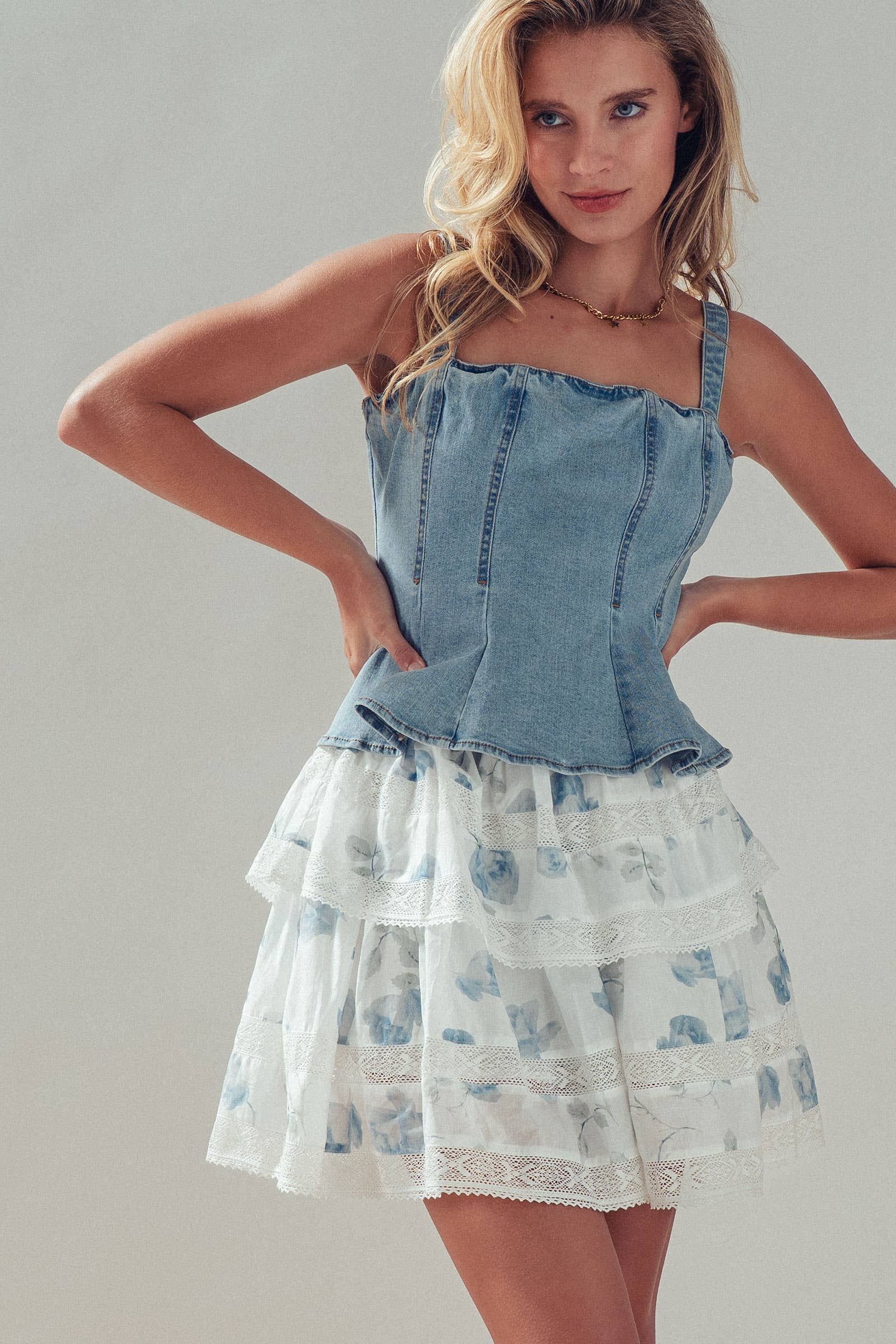 Denim Peplum Bustier Top