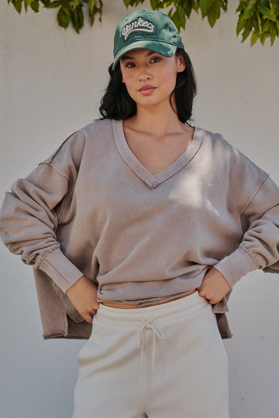 Relaxed Vintage V-Neck Oversized Sweatshirt in MOCHA MOUSSE - Women's Sweatshirts & Hoodies | Urban Daizy