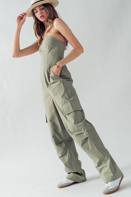 Urban Daizy Strapless Wide Leg Cargo Pocket Artisanal Jumpsuit Moss Jumpsuit - Women's (UDZ-JR-00002) – alternate view 12