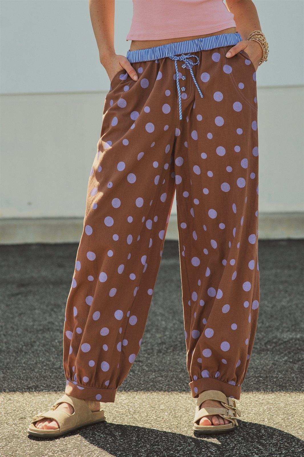 Retro Candy Pop Polka Dot Pants in BROWN BLUE - Women's Pants | Urban Daizy