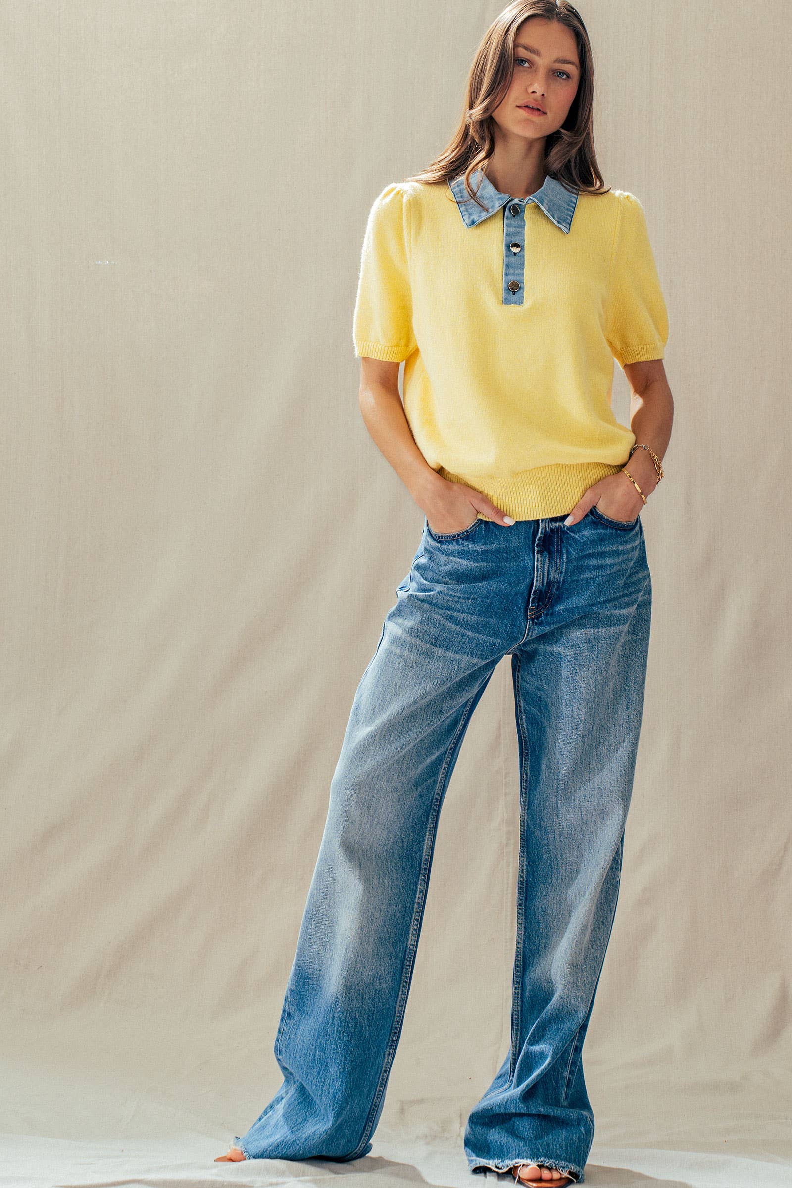 Contrast Denim Collar Knit Sweater Top