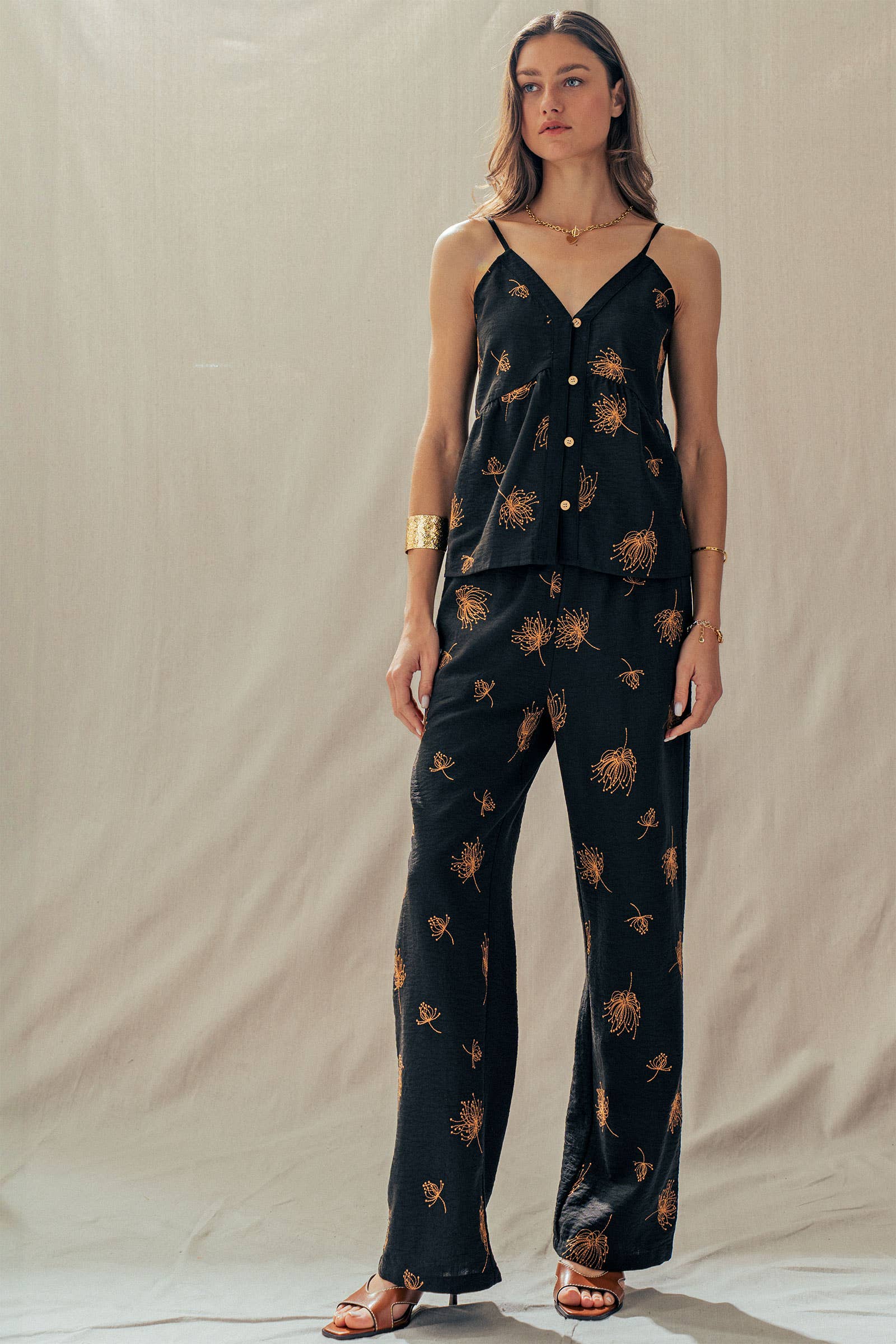 Floral Button-Front Linen Blend Cami Top
