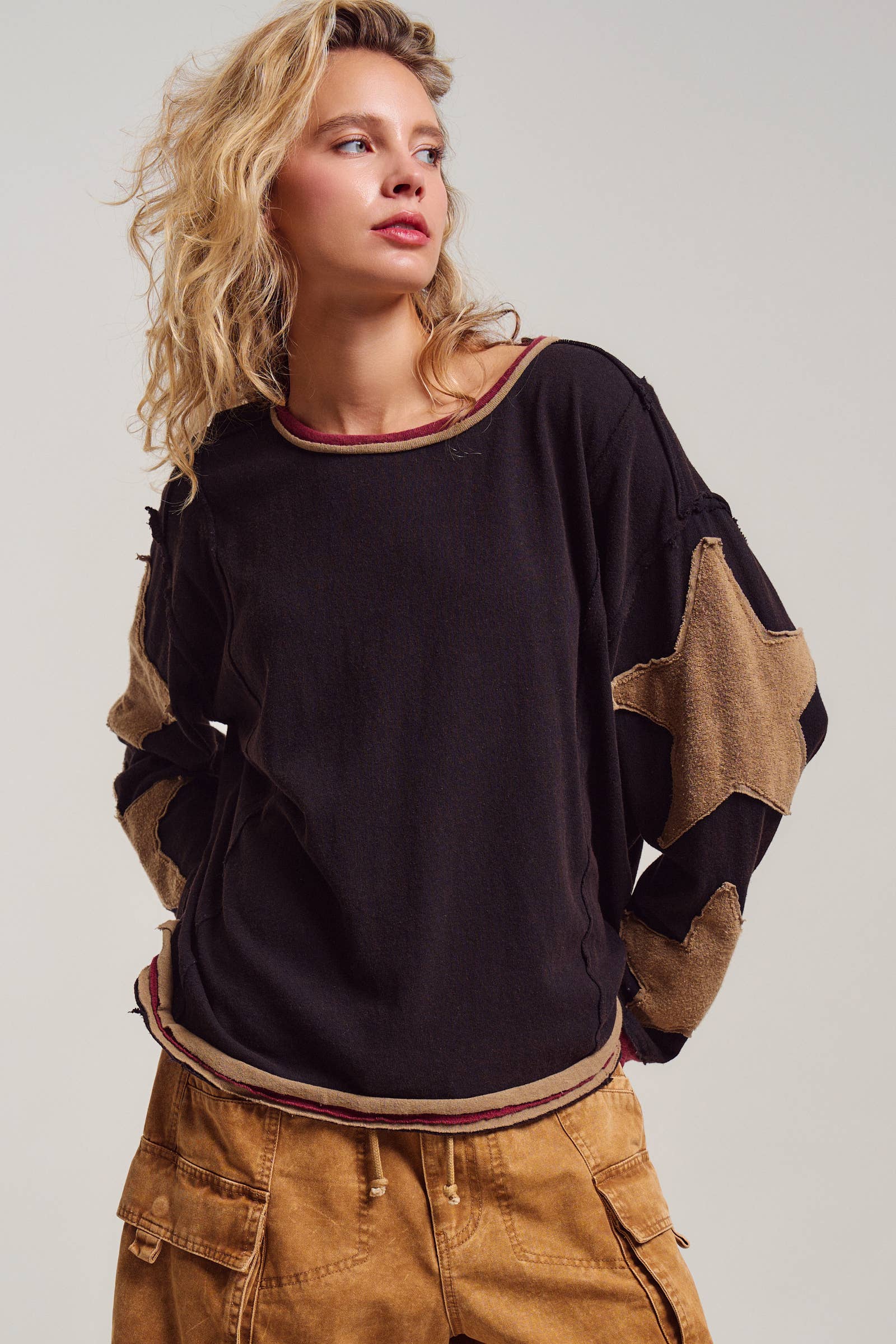 Urban Daizy Raw Seam Star Patch Slouchy Knit Top Brown Knit Top - Women's (UDTP1432-Brown) – alternate view 10