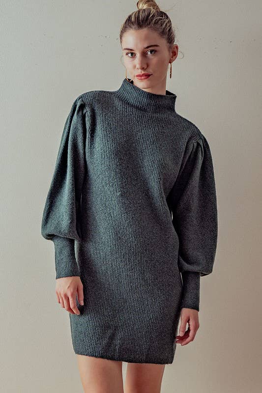 Urban Daizy Balloon Sleeve Mock Neck Sweater Dress Charcoal Dress - Women's (UDZ-DR-00096) – alternate view 2