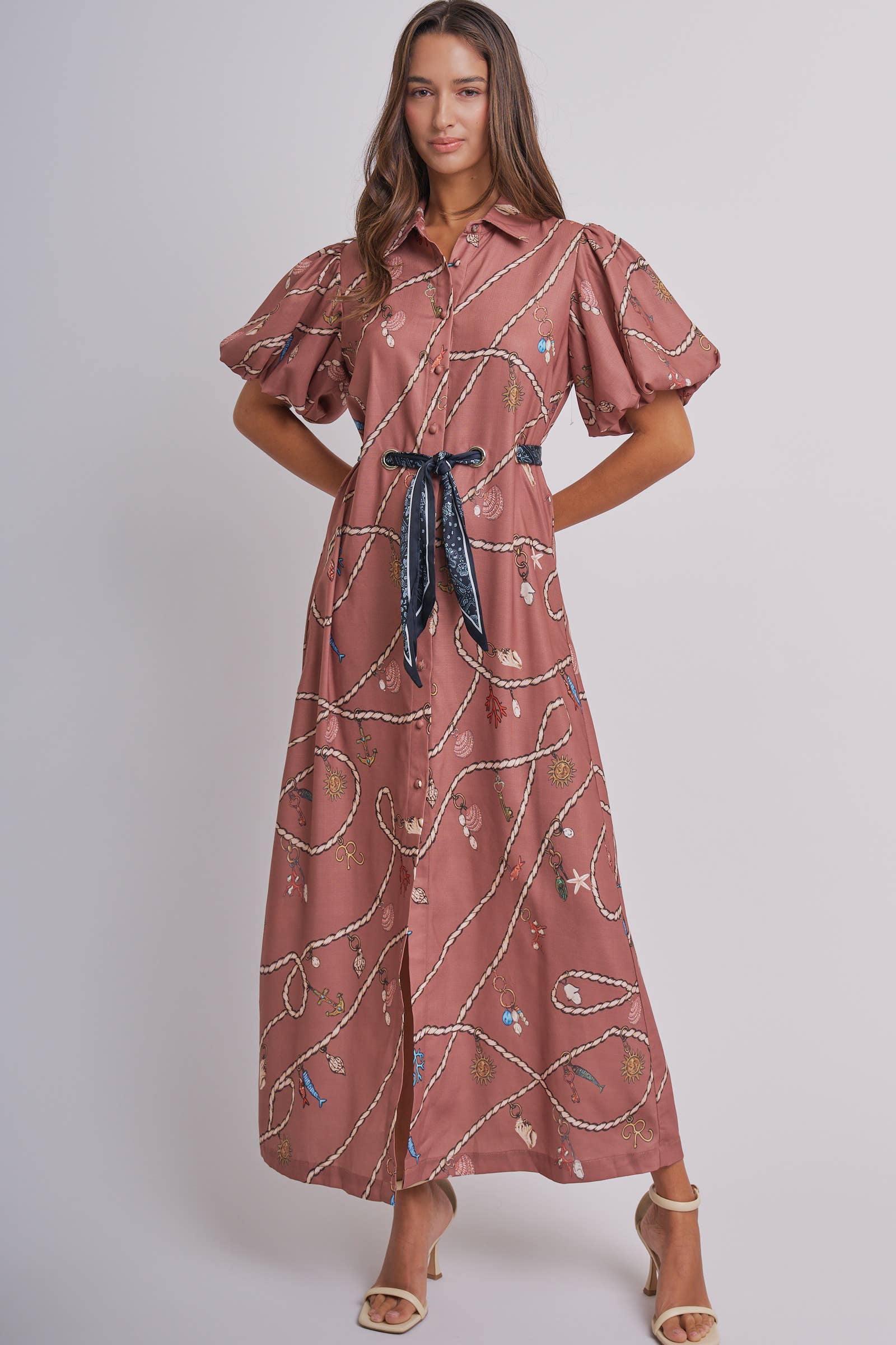 Nautical Motif Puff Sleeve Shirt Dress