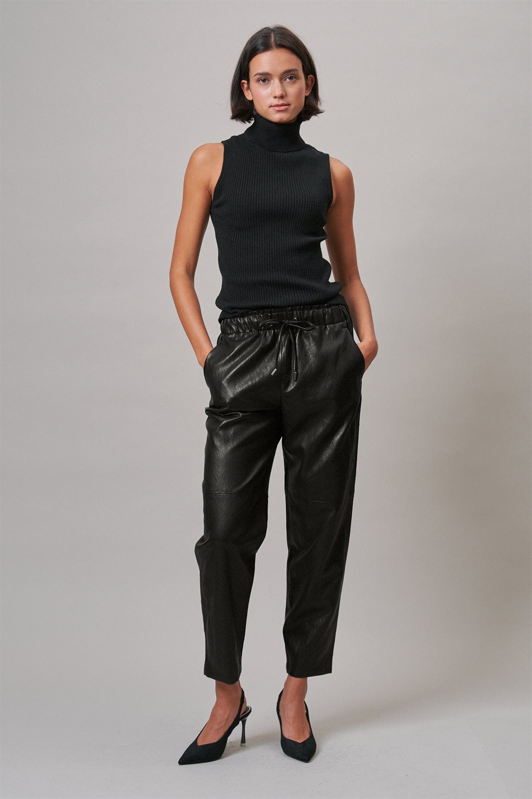 Faux Leather Drawstring Jogger Pants in BLACK - Women's Casual Pants | Urban Daizy