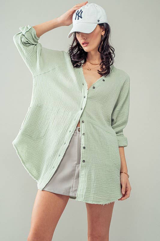 Urban Daizy PREMIUM SOFT FRAYED HEM GAUZE VINTAGE WASHED SHIRT Forest-Green Button Down Shirt - Women's (UDZ-TP-00225) –…
