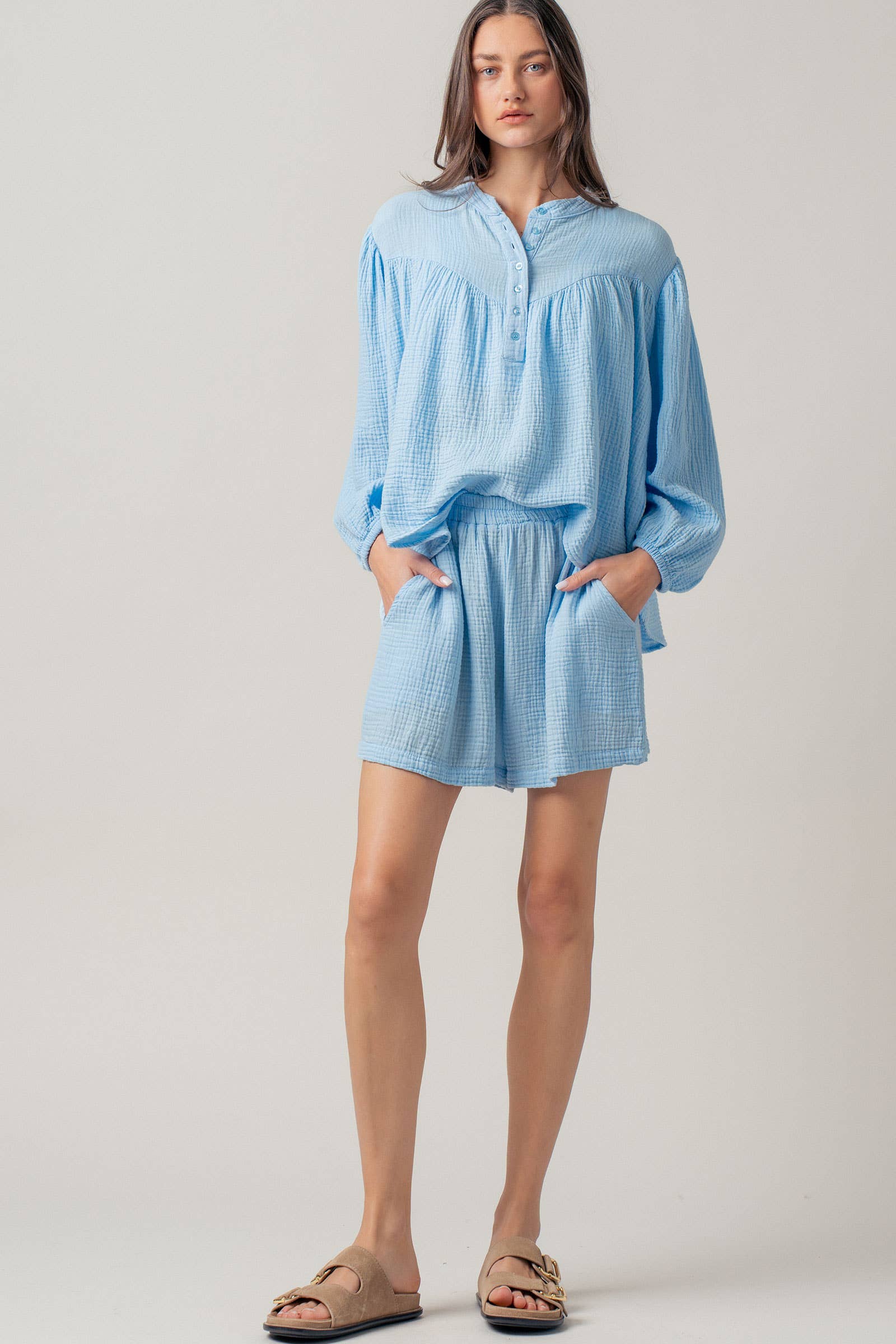 Garment Dyed Cotton Gauze Button Down Top And Shorts Set