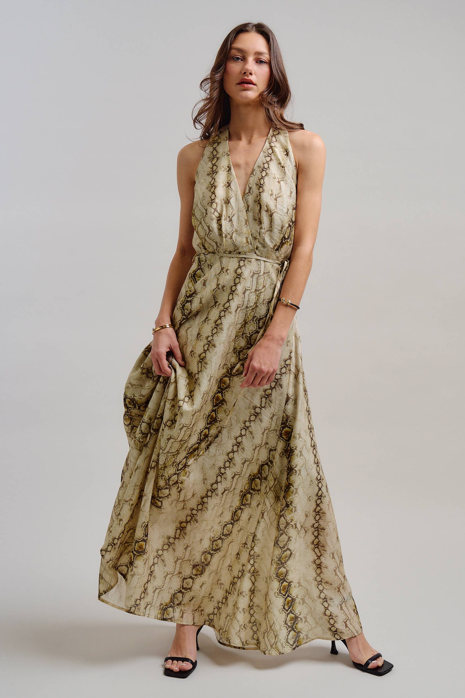 Snake Print Tencel Linen Halter Maxi Dress