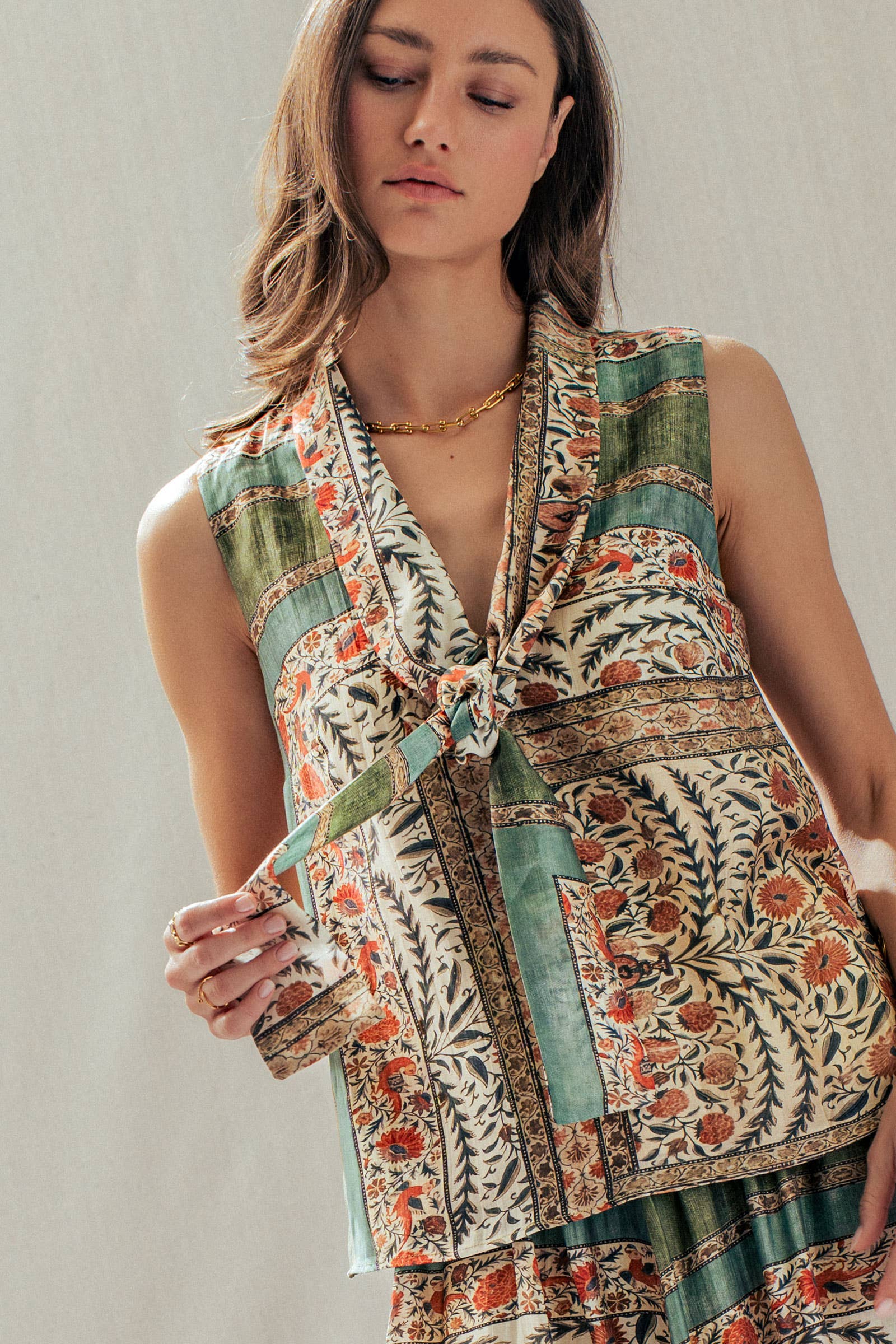 Urban Daizy Botanical Bird Print Tie-Front Tencel Blend Top Multi Blouse - Women's (UDTP1420-Multi) – alternate view 2