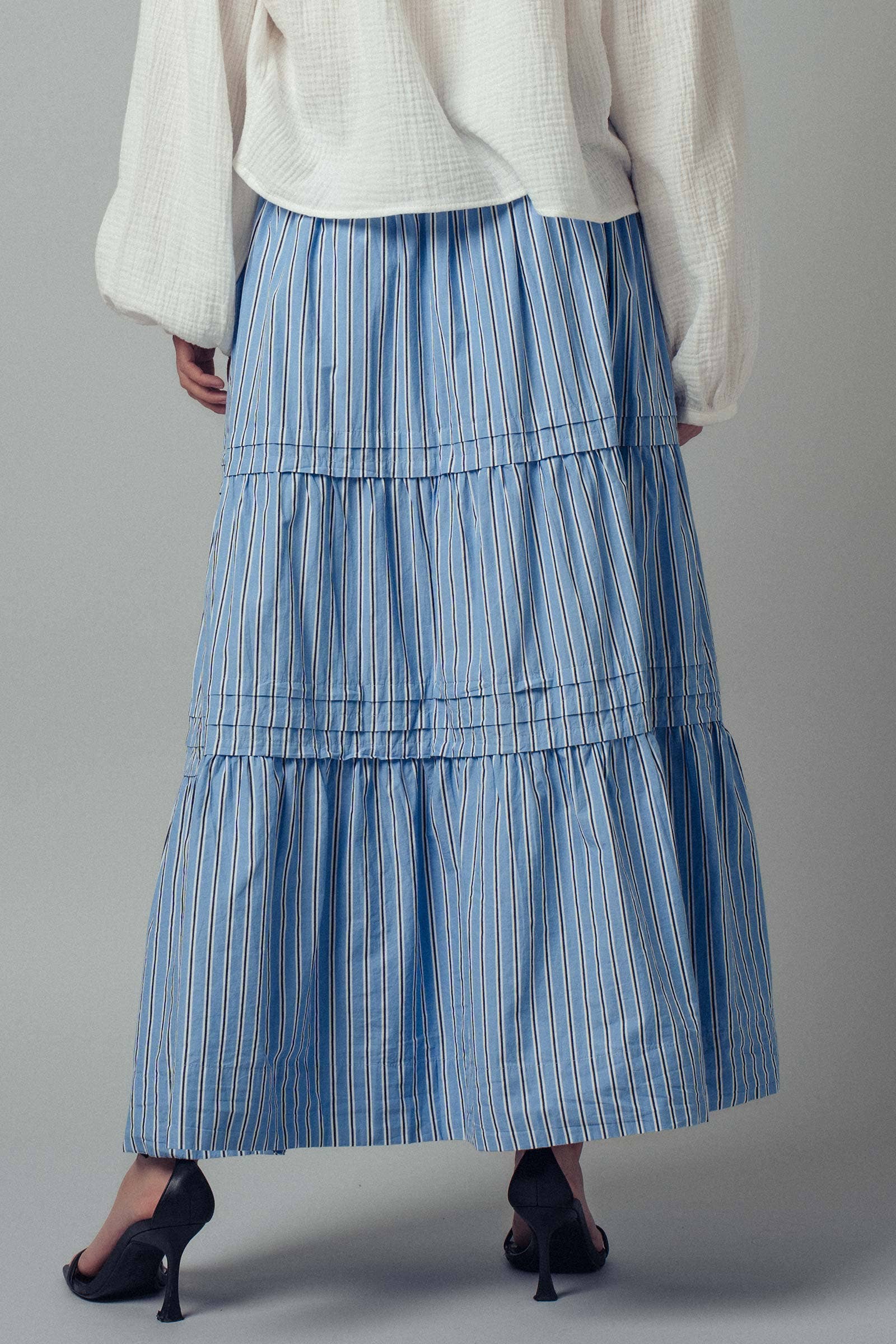 Striped Cotton Tiered Smocked Maxi Skirt