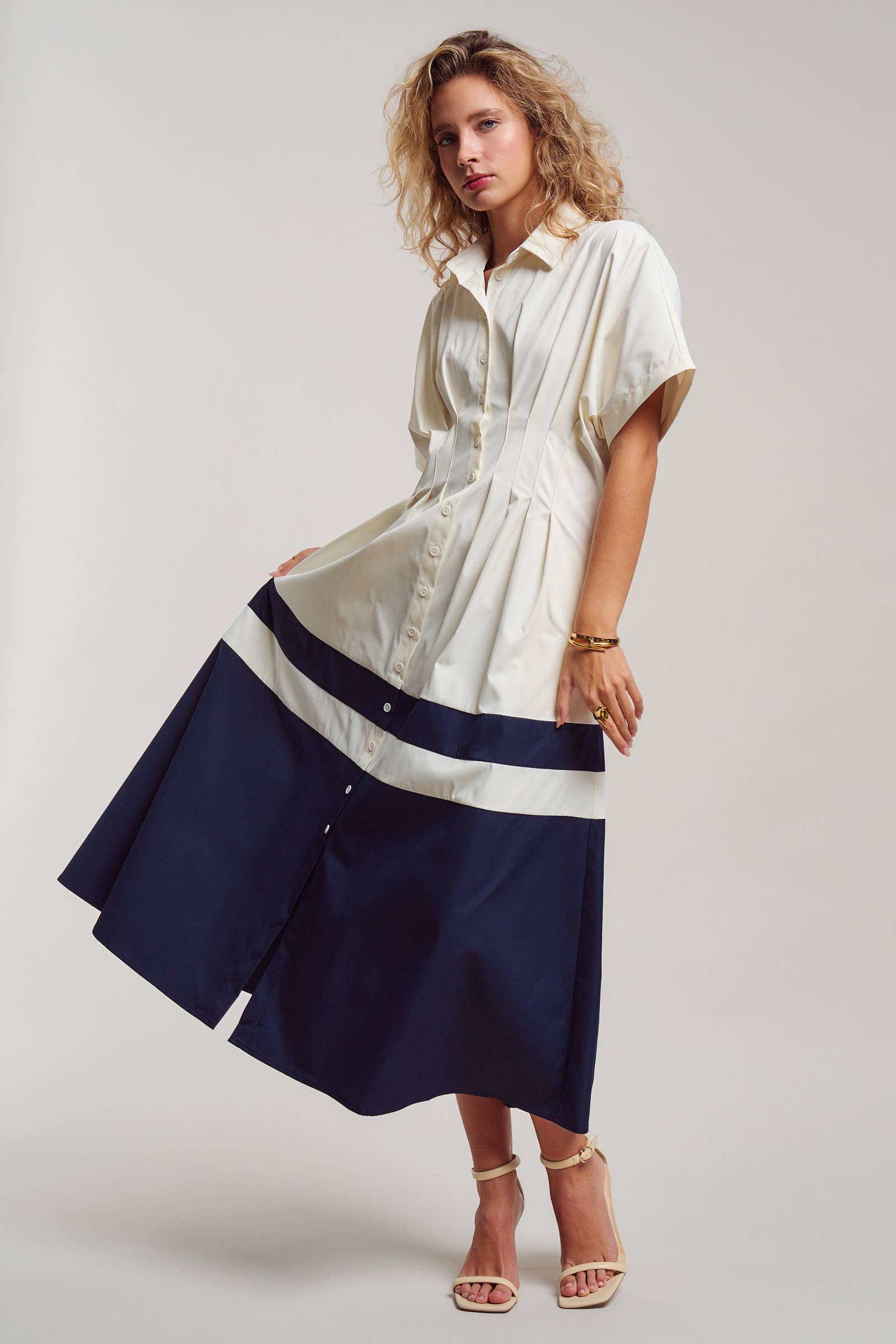 Colorblock Button-Up Cotton Midi Dress