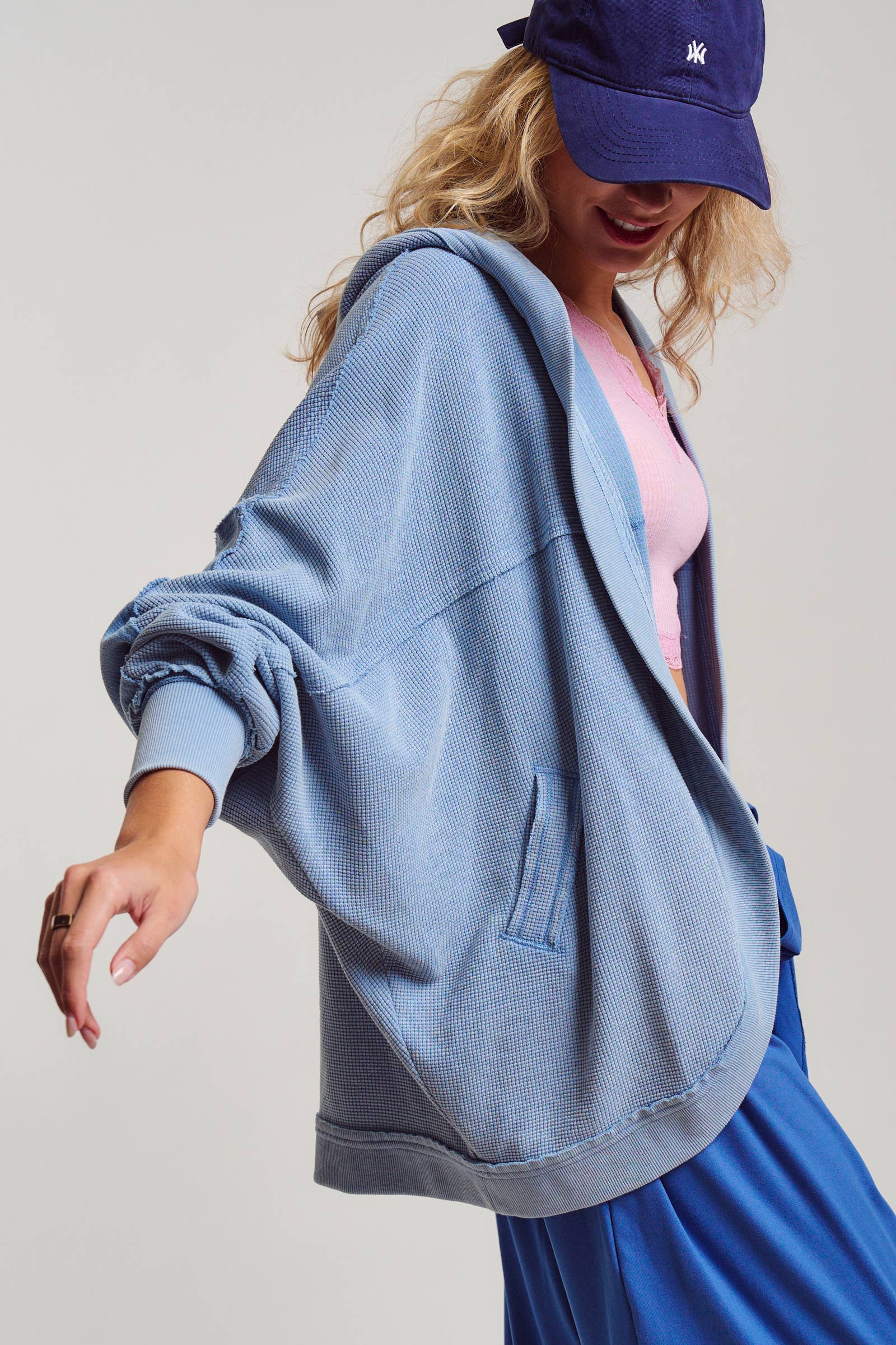 Washed Waffle Knit Hooded Cardigan