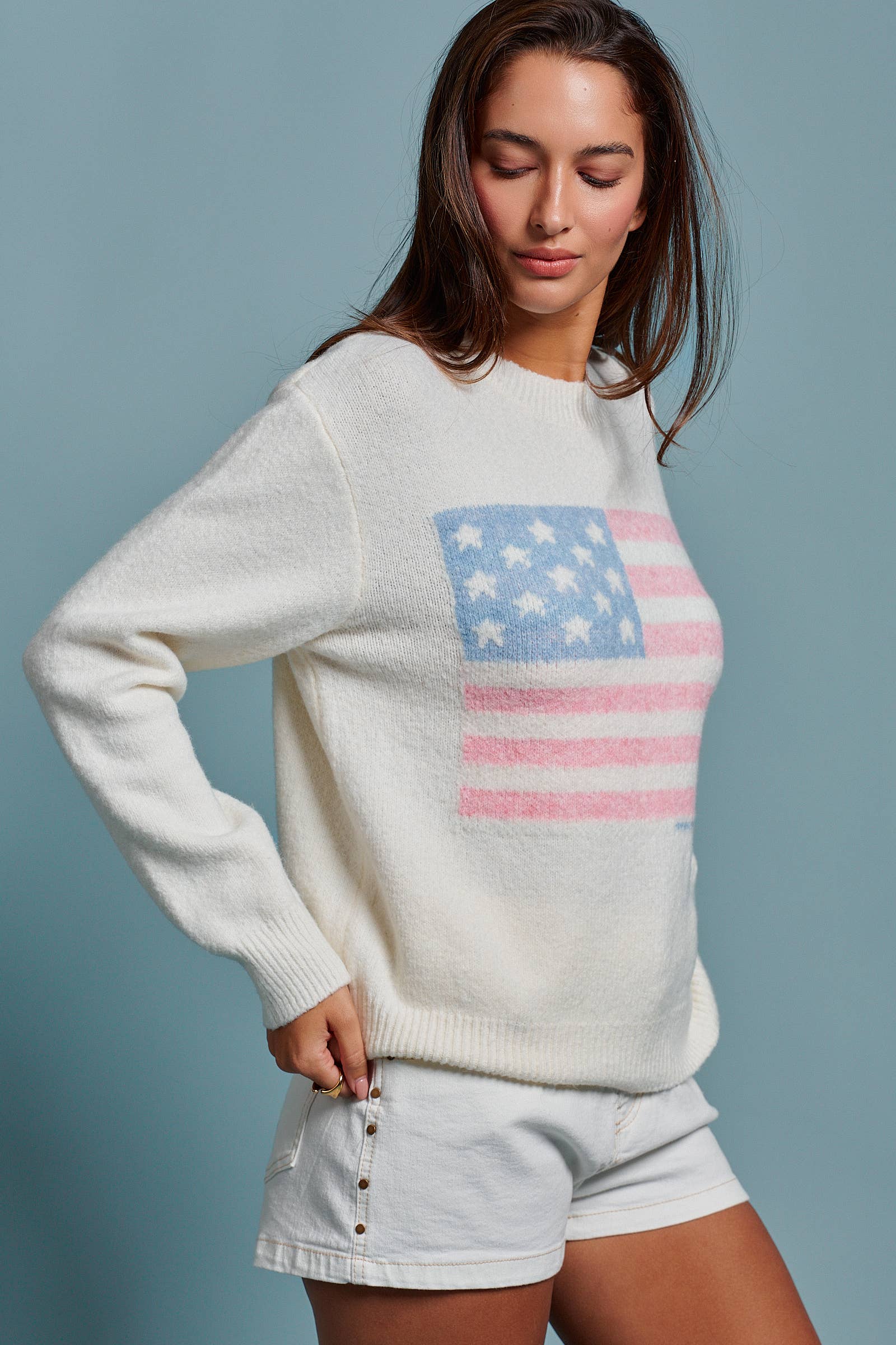 Urban Daizy Vintage Flag Graphic Relaxed Soft Knit Sweater Ivory Cardigan - Women's (TNTP4028-Ivory) – alternate view 4