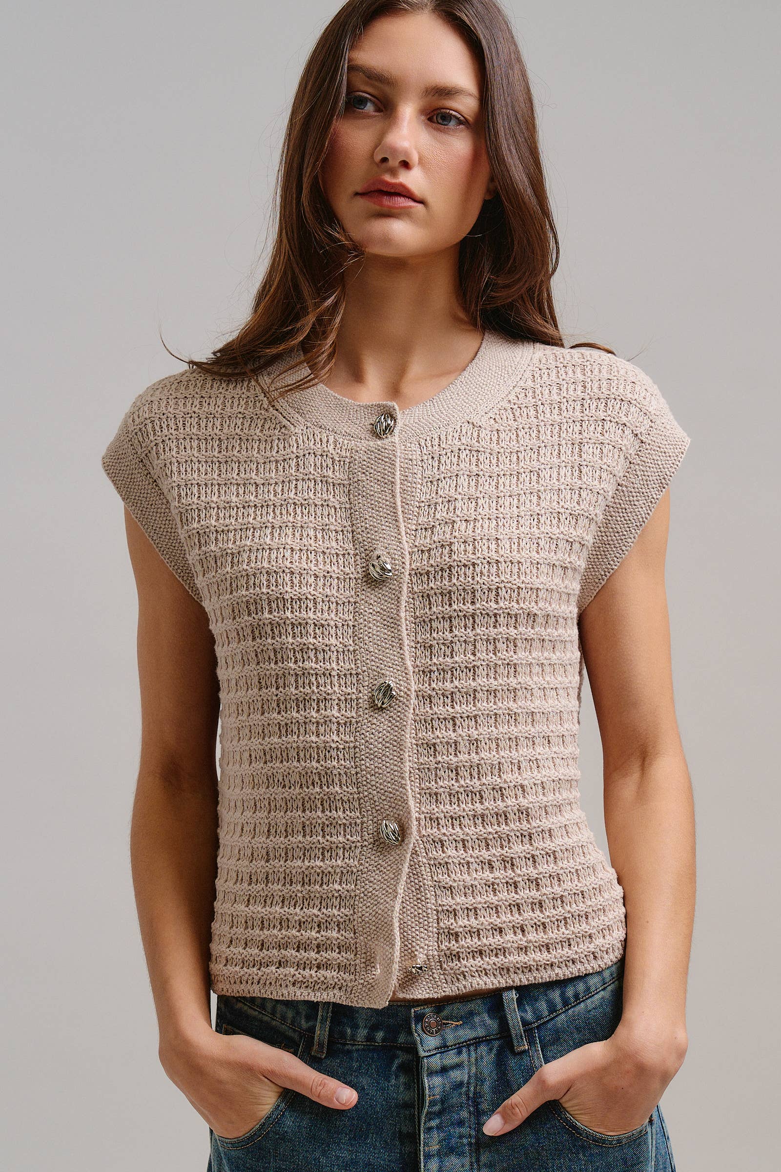 Textured Knit Button-Front Vest