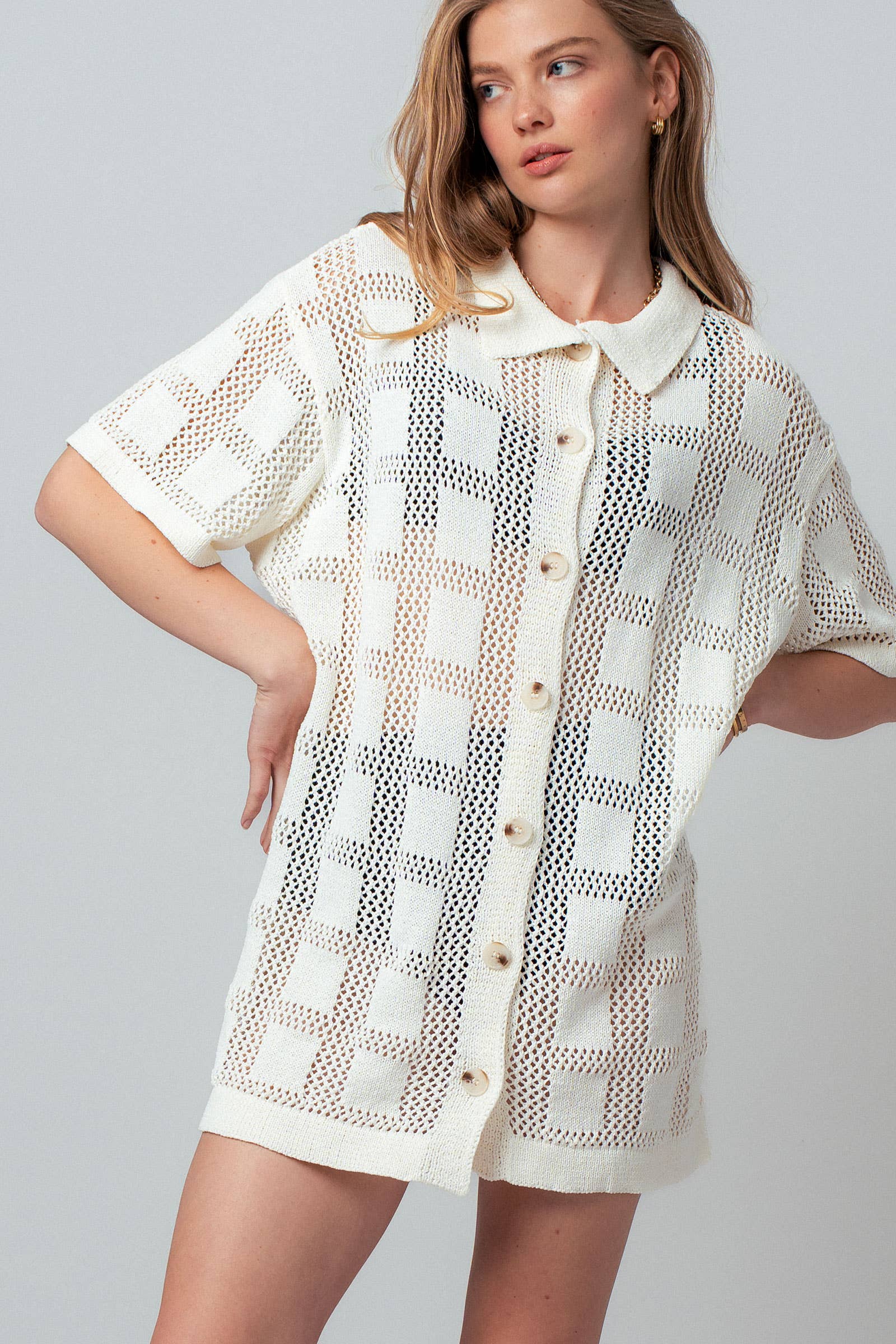 Open-Knit Collared Button-Front Tunic