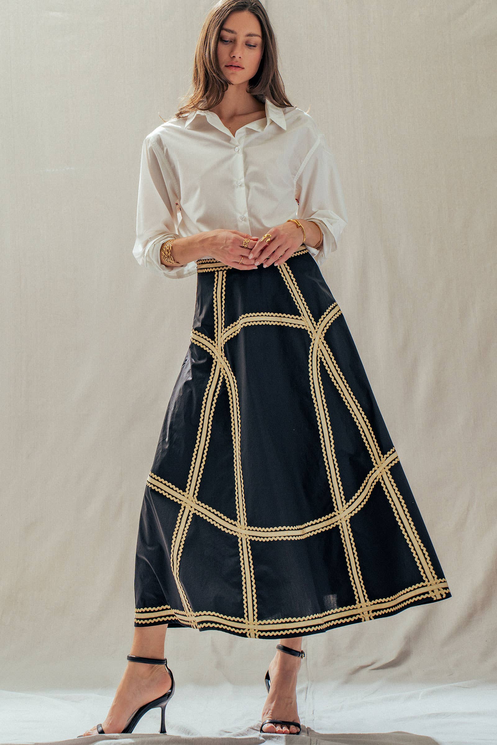 Contrast Rickrack Trim Cotton A-Line Midi Skirt