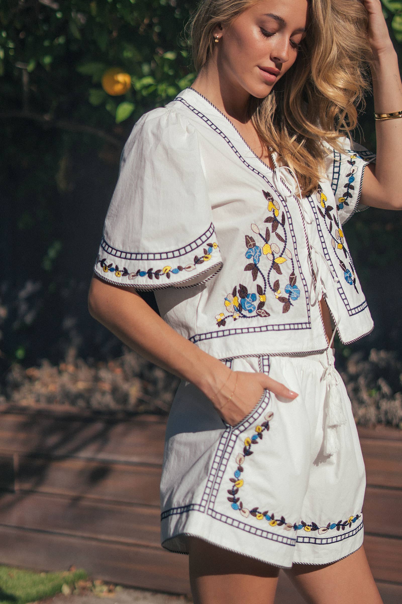 Urban Daizy Floral Embroidered Tie Front Cotton Top Navy Blouse - Women's (UDZ-TP-01014) – alternate view 5