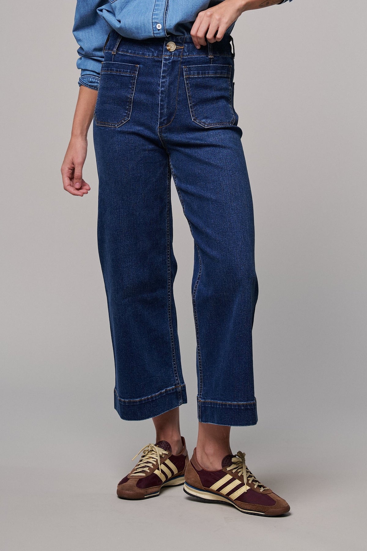 High Waist Wide Leg Denim with Patch Pockets in DENIM - Women's Casual Pants | Urban Daizy
