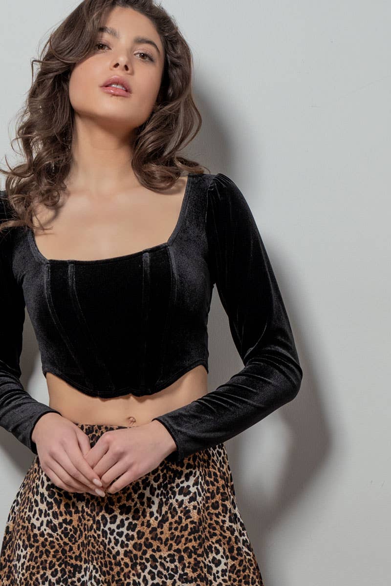 Urban Daizy Velvet Corset Hem Cropped Long Sleeve Top Black Blouse - Women's (TNTP3742-Black) – alternate view