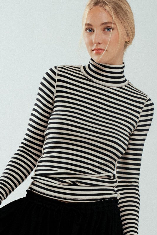 Classic Striped Long Sleeve Turtleneck Top in BLACK - Women's T-Shirts & Polos | Urban Daizy