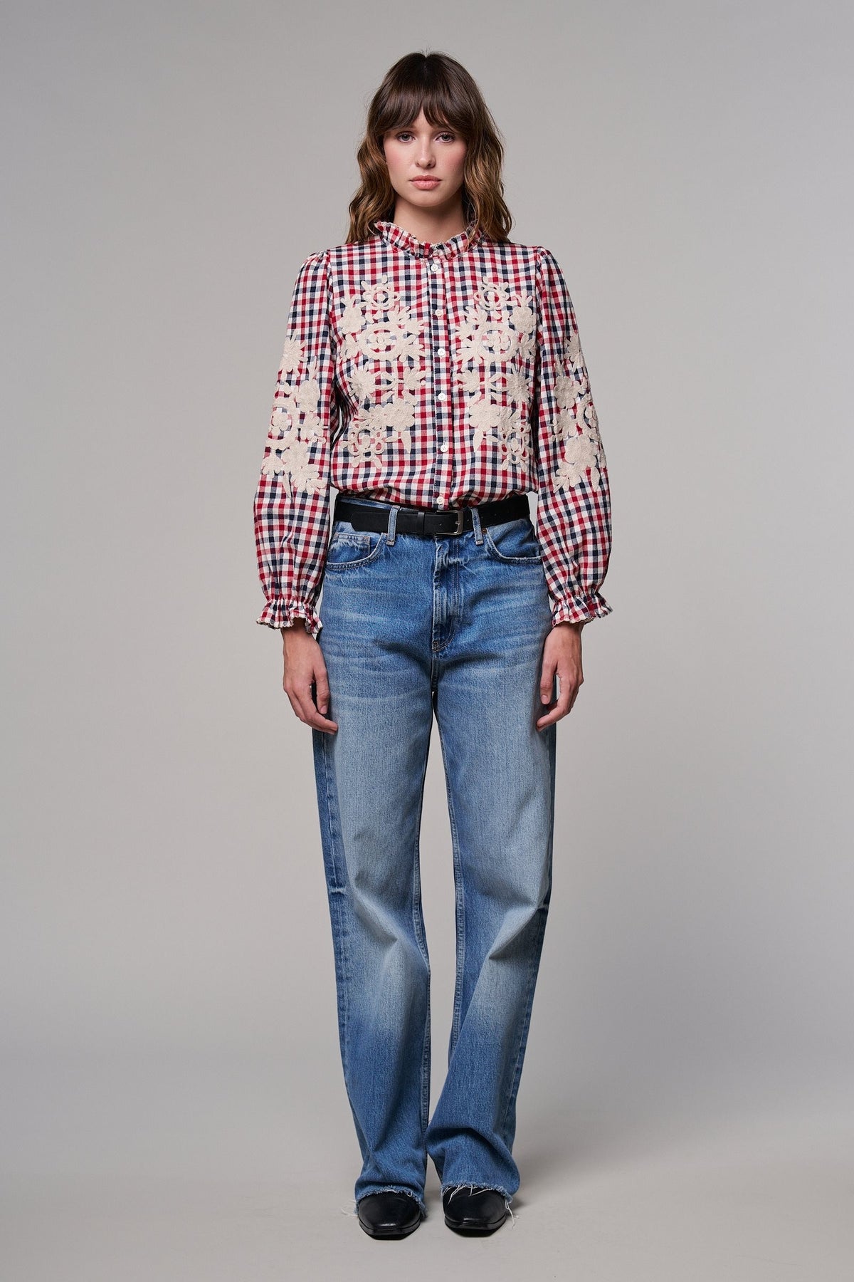 Floral Embroidered Gingham Blouse in Romantic Prairie Style in RED/NAVY - Women's Graphic T-shirts | Urban Daizy