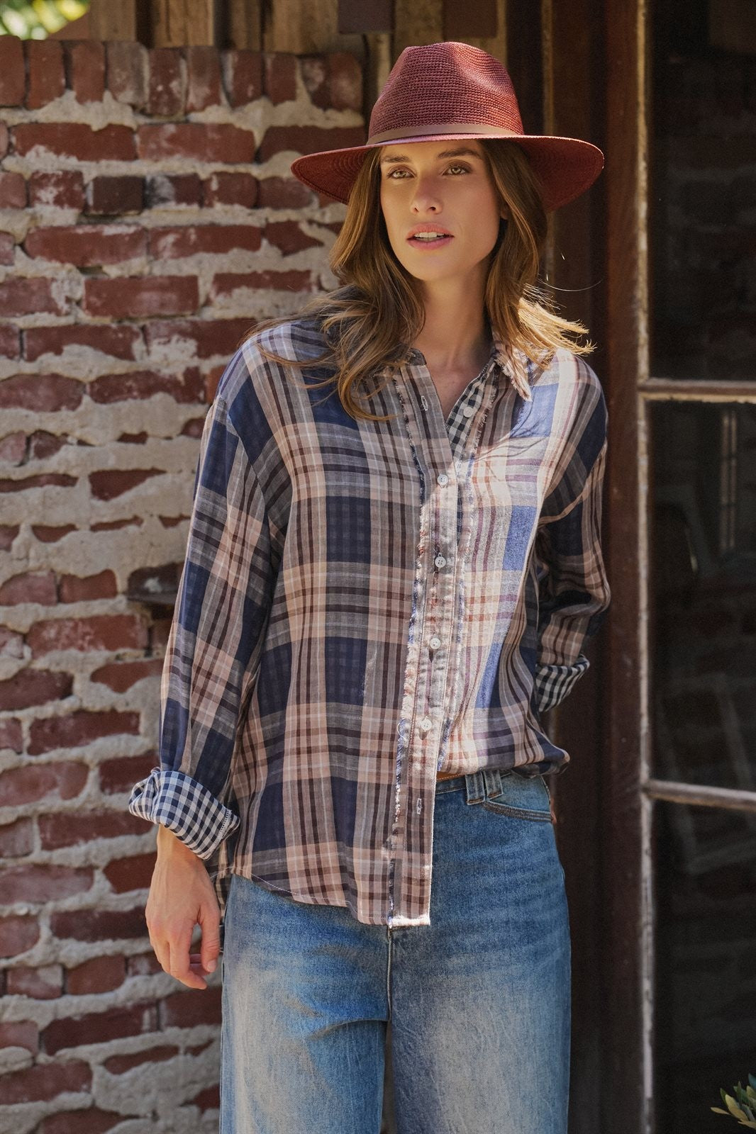 Oversized Plaid Cotton Button-Down Shirt in NAVY - Women's Shirts & Blouses | Urban Daizy