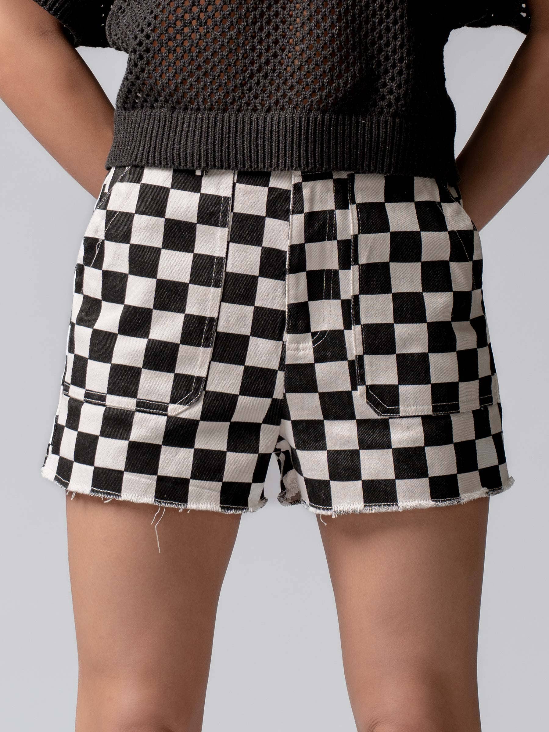 Retro Checkerboard Raw Hem Denim Shorts