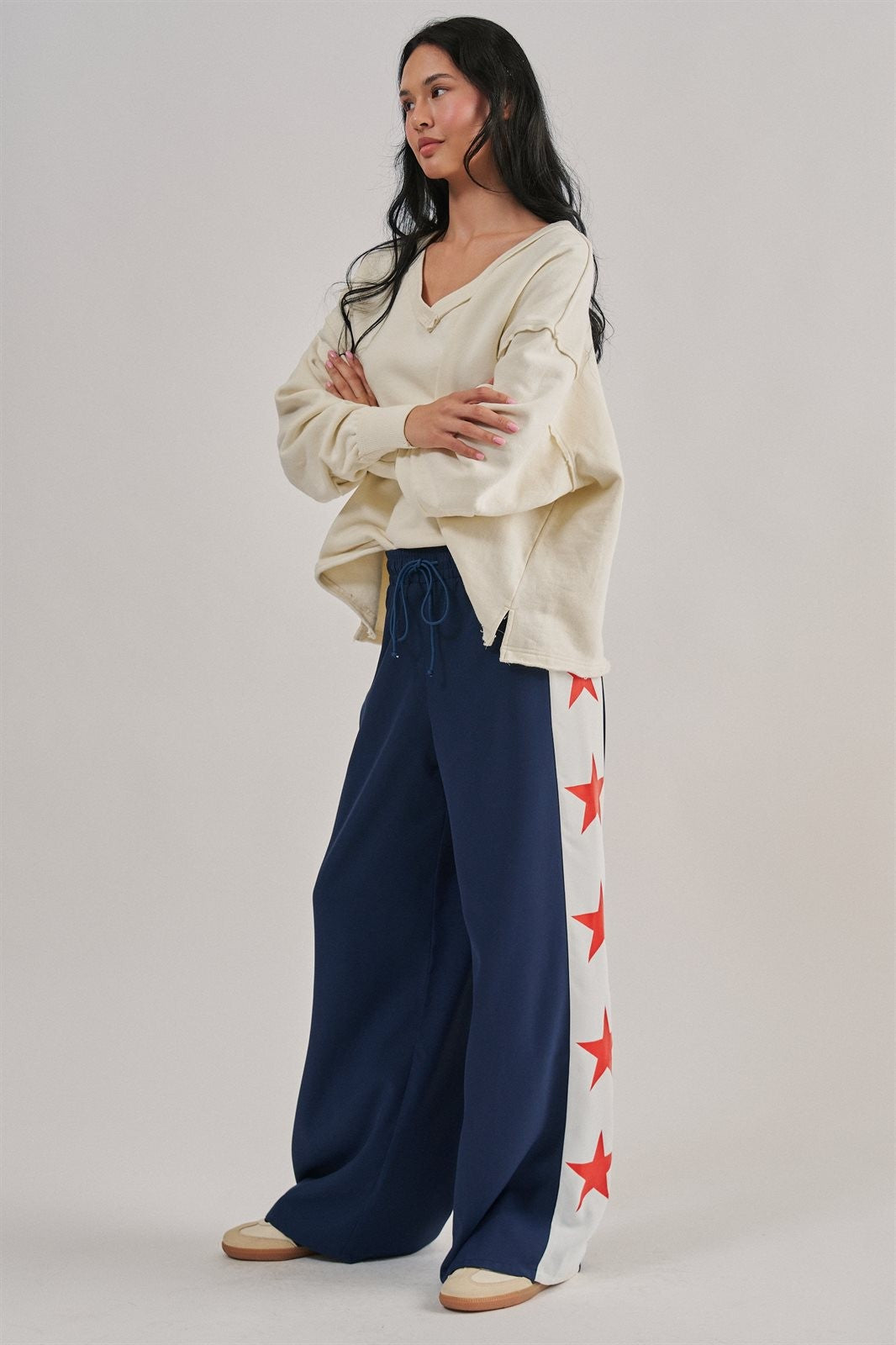 USA Star Side Stripe Wide-Leg Track Pants in NAVY - Women's Casual Pants | Urban Daizy