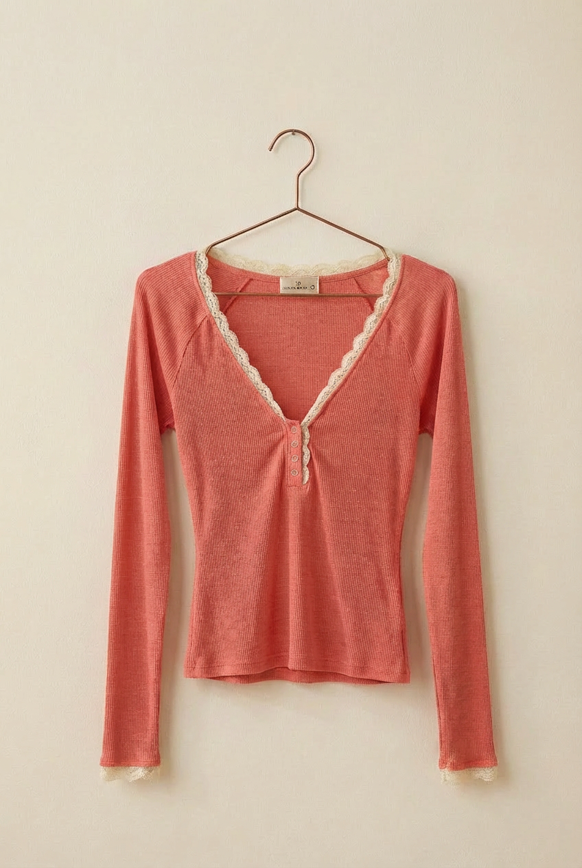 Lace Trim Slub Knit Henley Long Sleeve Top