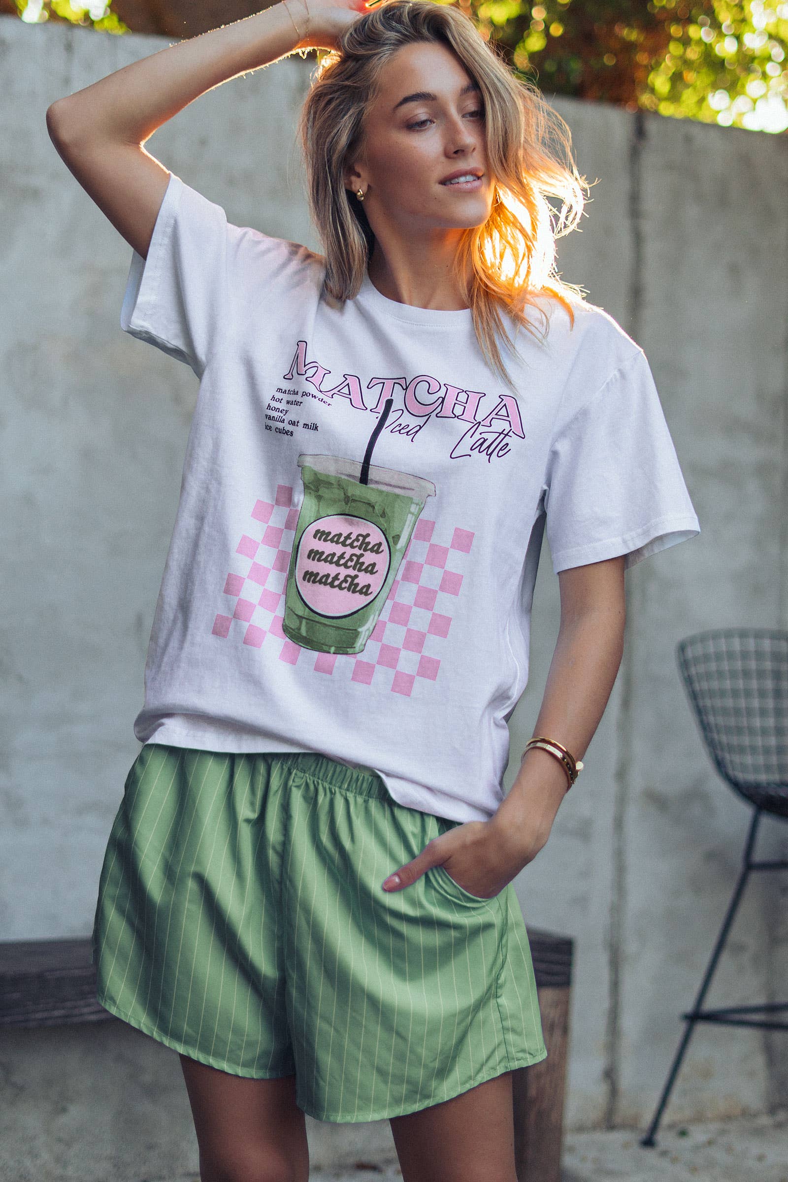 Urban Daizy Matcha Iced Latte Graphic Tee & Striped Shorts Set White-Green Lounge Set - Women's (UDZ-AC-00230)