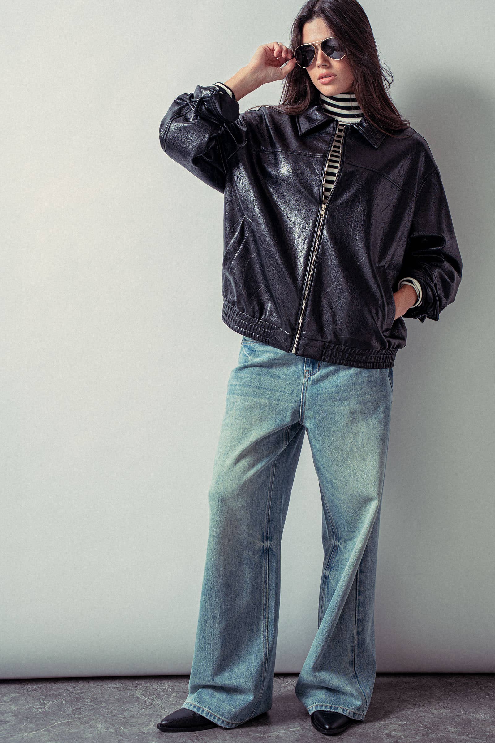 Relaxed Faux Leather Zip-Up Statement Jacket