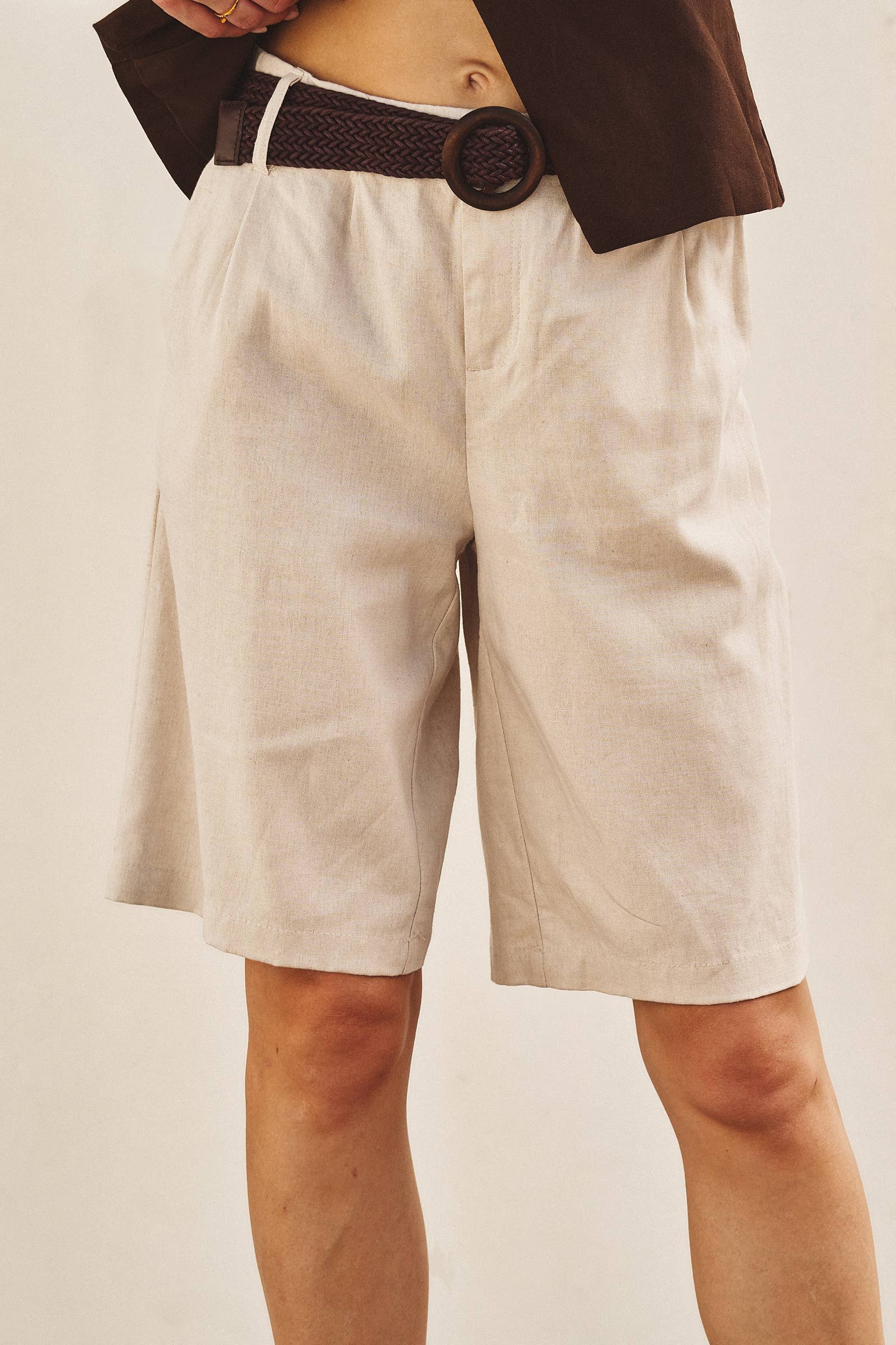 Linen Blend Belted Bermuda Shorts