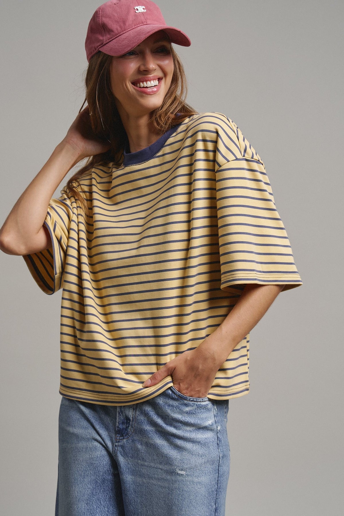 Oversized Striped Contrast Neck Boxy Tee