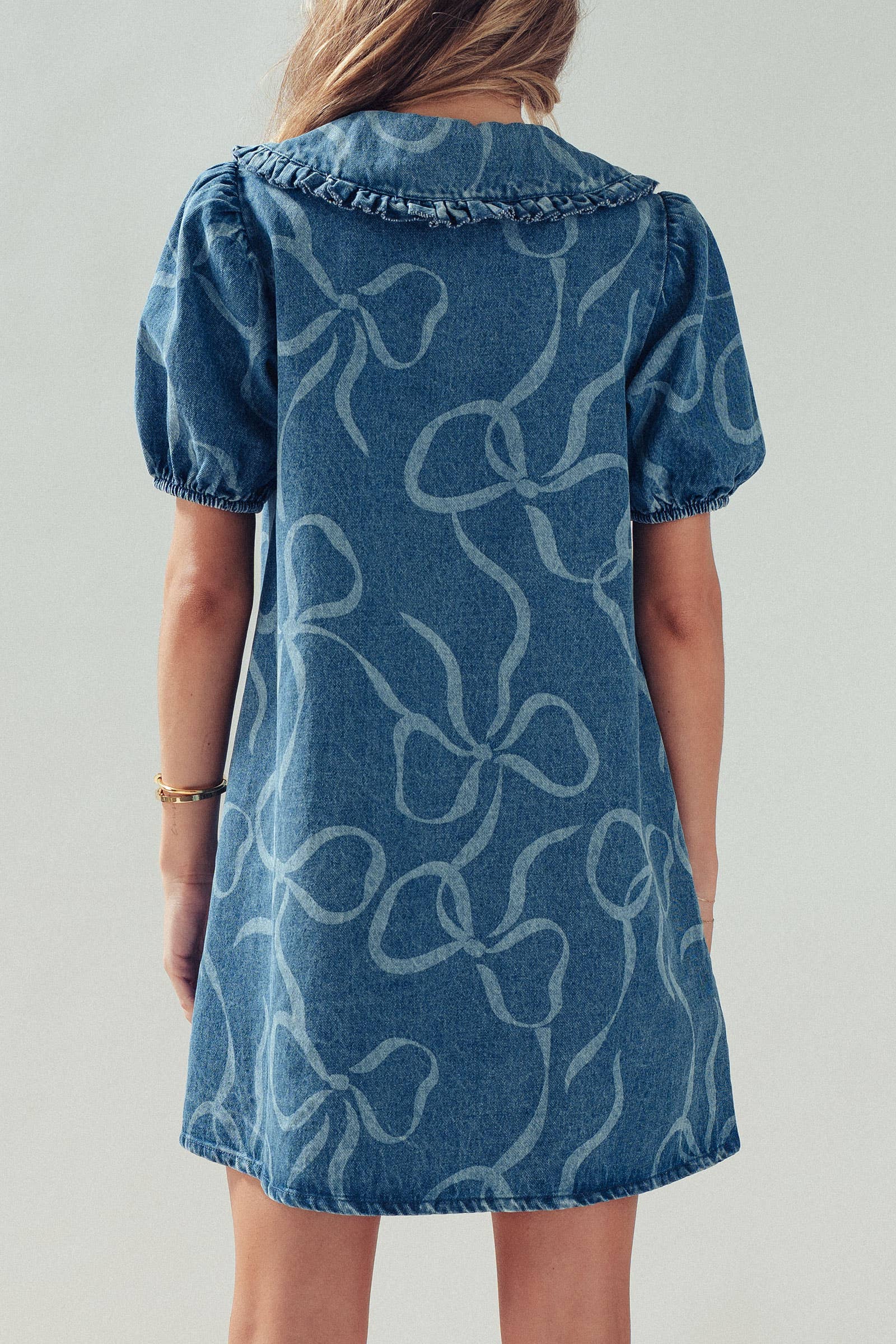 Bow Print Puff Sleeve Denim Mini Dress