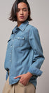 Western Pearl Snap Denim Button-Down Shirt in DENIM BLUE - Women's Shirts & Blouses | Urban Daizy