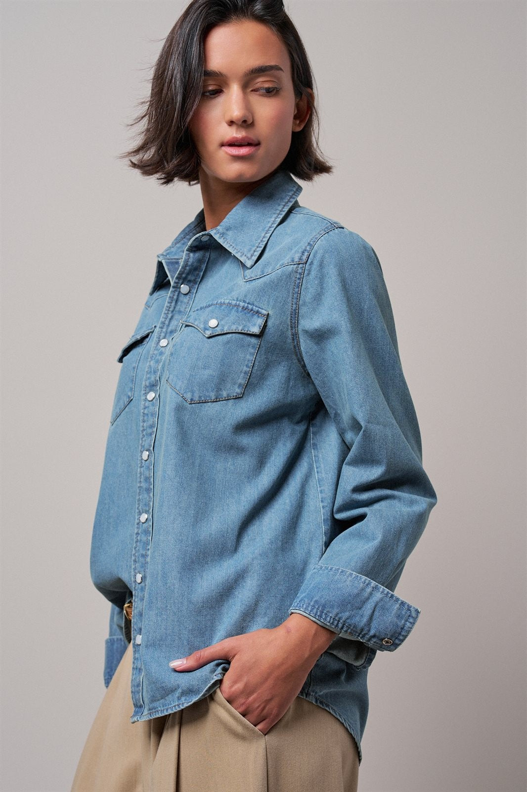 Western Pearl Snap Denim Button-Down Shirt in DENIM BLUE - Women's Shirts & Blouses | Urban Daizy