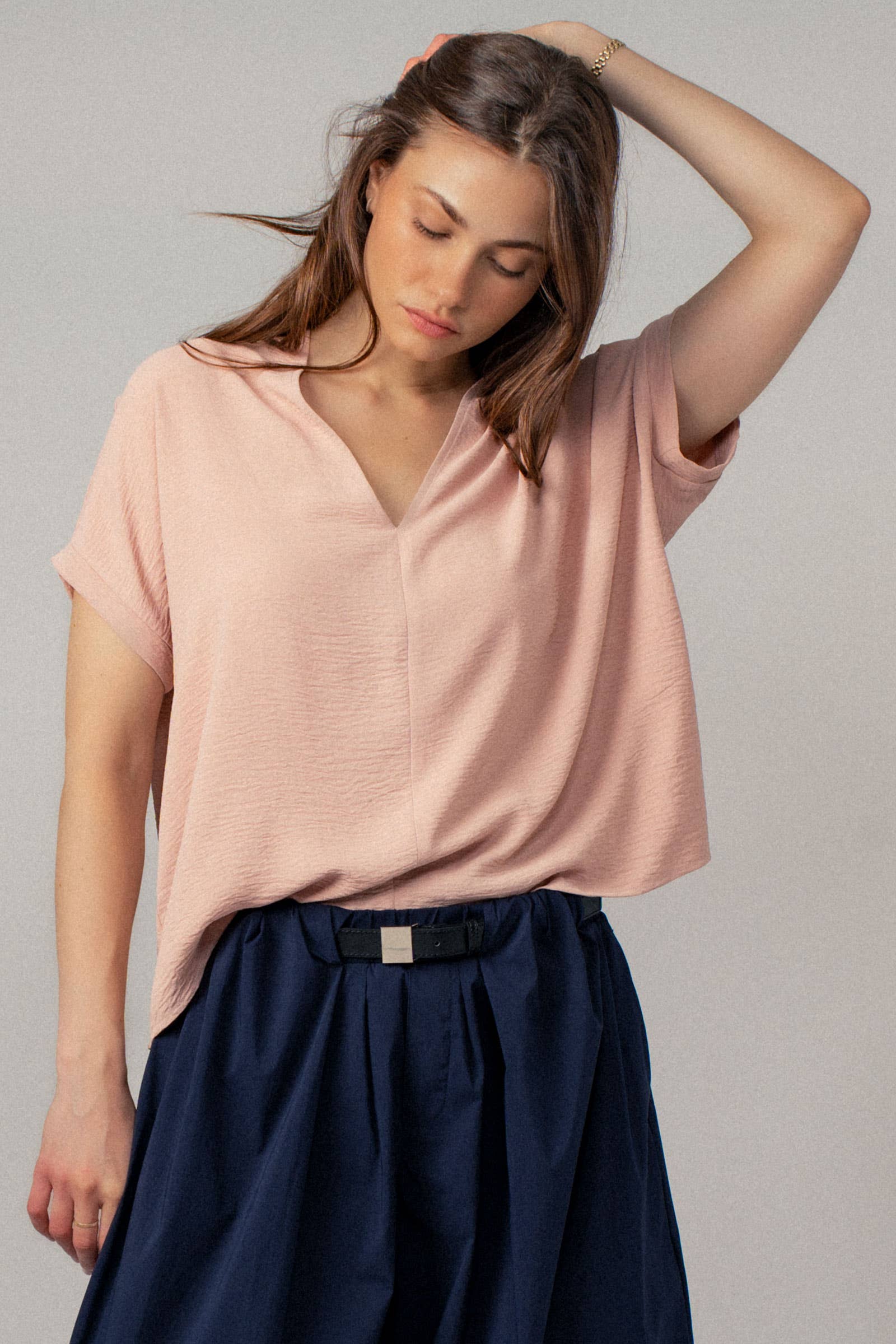 Urban Daizy Relaxed V-Neck Top with Folded Sleeves Ivory Blouse - Women's (UDZ-TP-00570) – alternate view 4