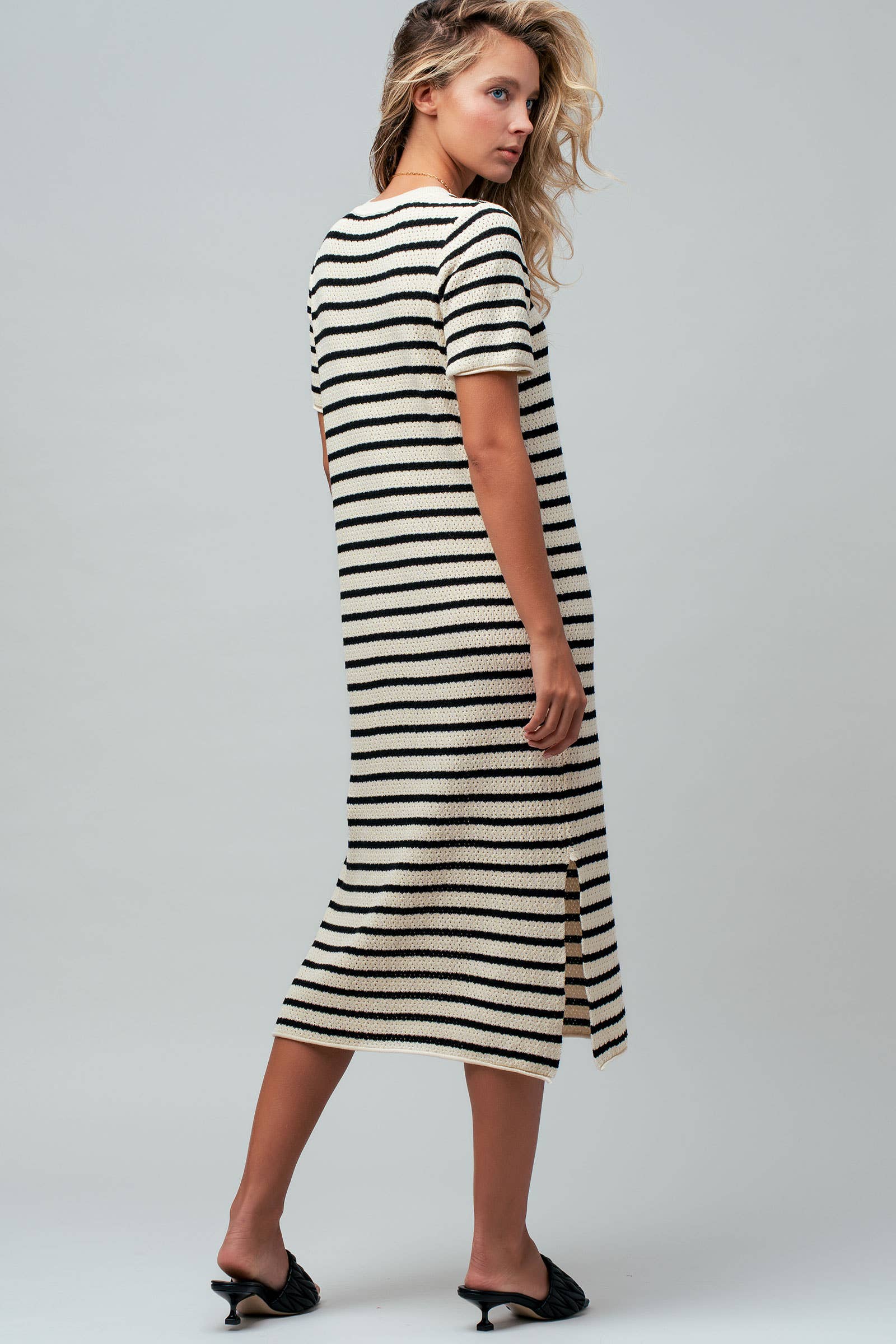 Striped Crochet Knit Short Sleeve Midi Dress