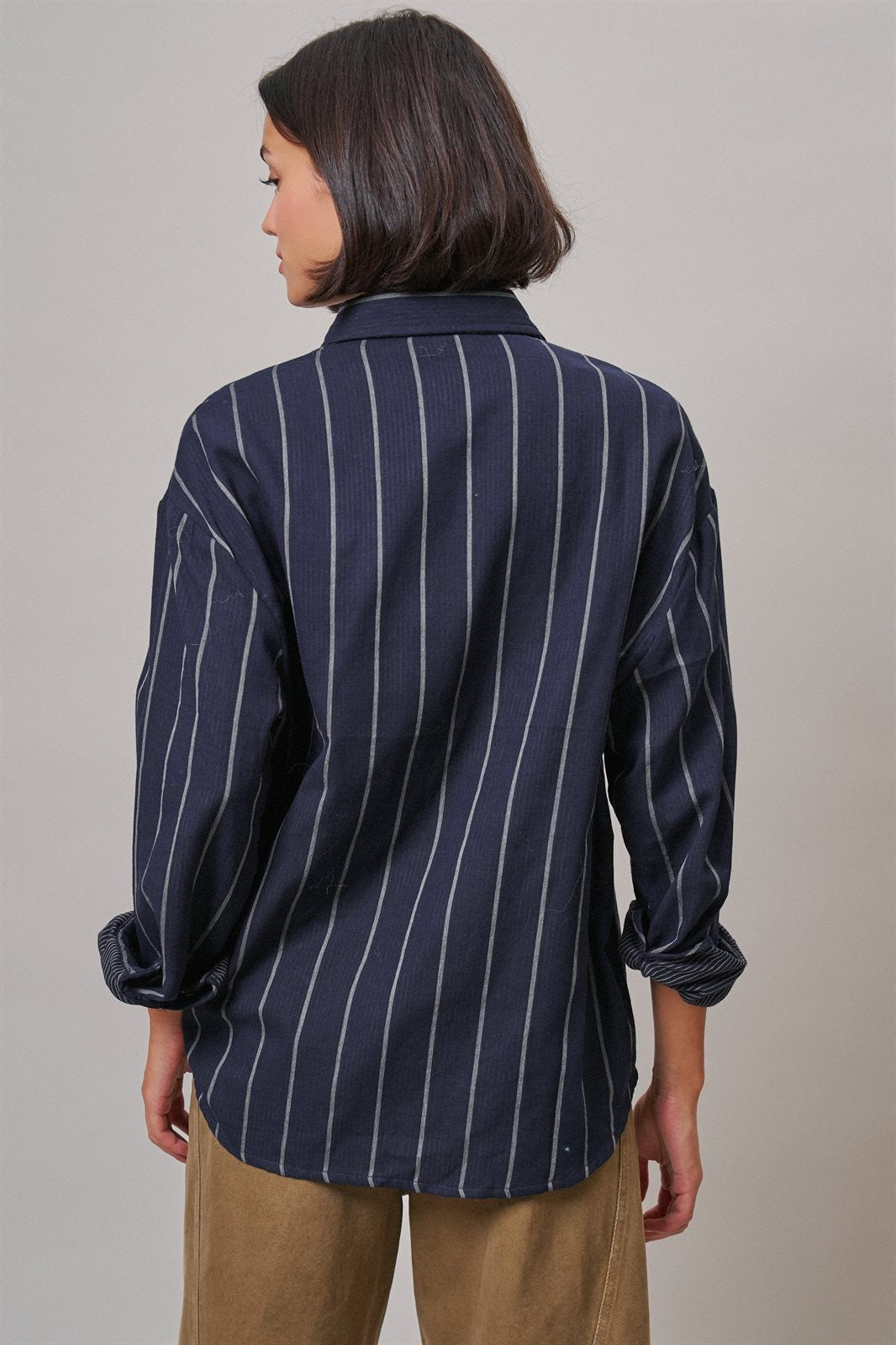 Oversized Striped Cotton Button-Down Shirt in NAVY - Women's Shirts & Blouses | Urban Daizy
