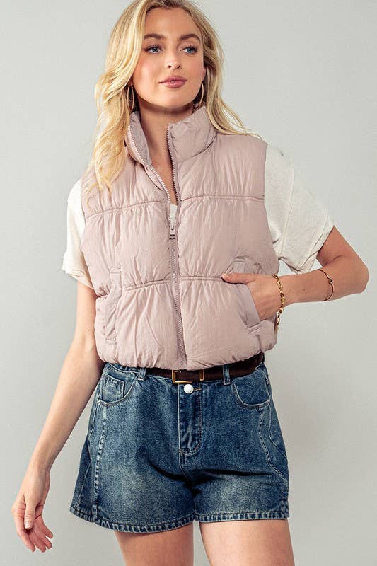 Urban Daizy Stand Collar Quilted Elastic Hem Puffer Vest Azure Outerwear Vest - Women's (UDZ-OT-00268) – alternate view 3