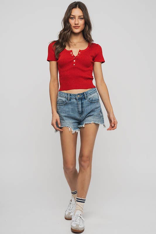 Urban Daizy Ribbed Scoop Neck Henley Cropped Summer Top Blue Knit Top - Women's (UDZ-TP-00758) – alternate view 6