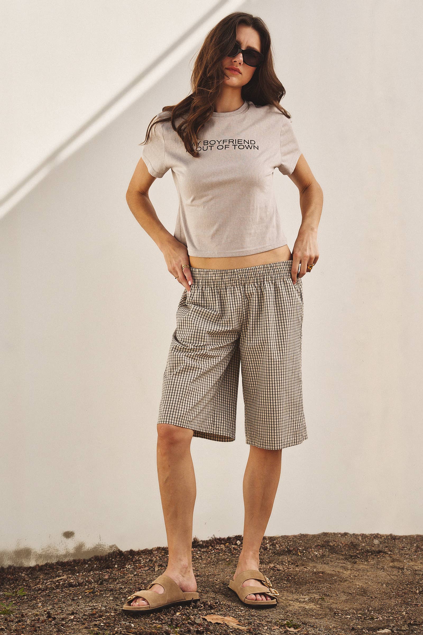 Urban Daizy Classic Check Print Elastic Bermuda Shorts Cream Shorts - Women's (UDPT0174-Cream) – alternate view 10
