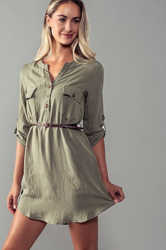 Utility Pocket Belted Henley Mini Dress
