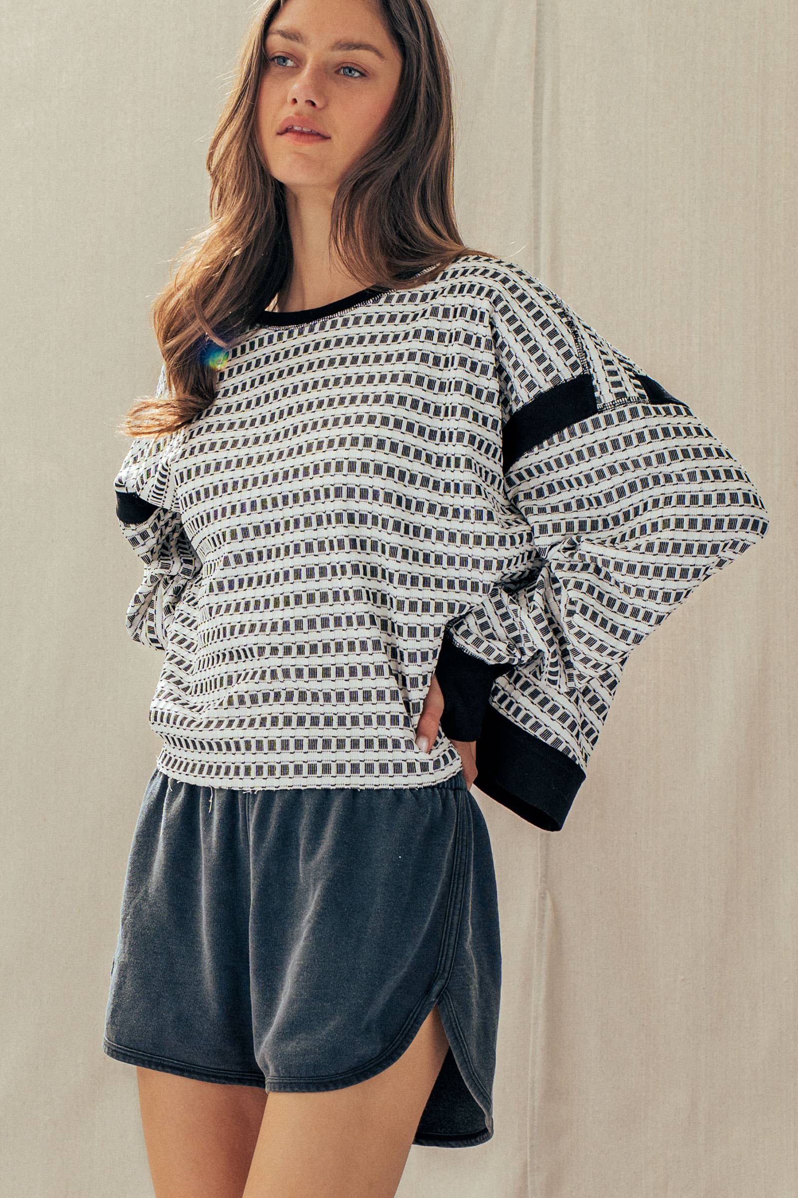 Reversible Textured Check Long Sleeve Pullover
