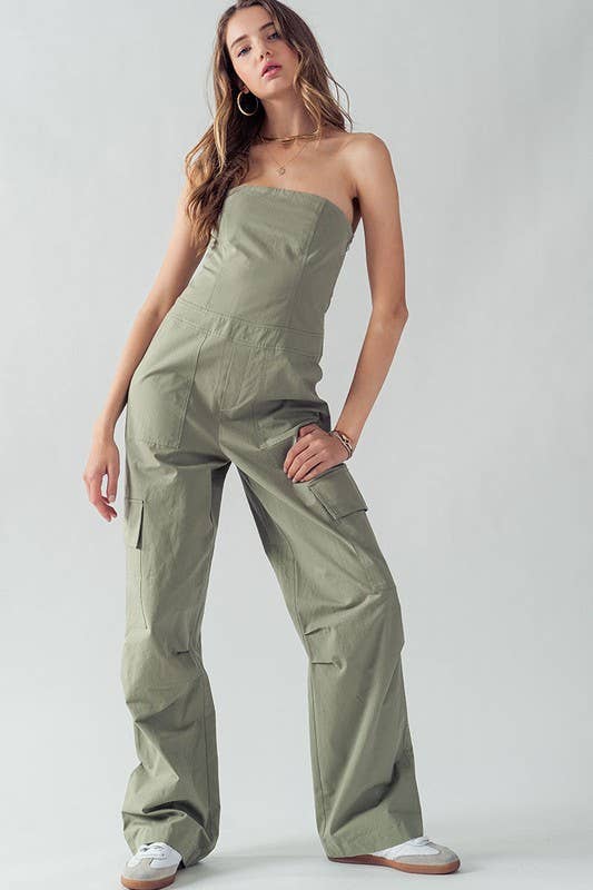 Urban Daizy Strapless Wide Leg Cargo Pocket Artisanal Jumpsuit Moss Jumpsuit - Women's (UDZ-JR-00002) – alternate view 2