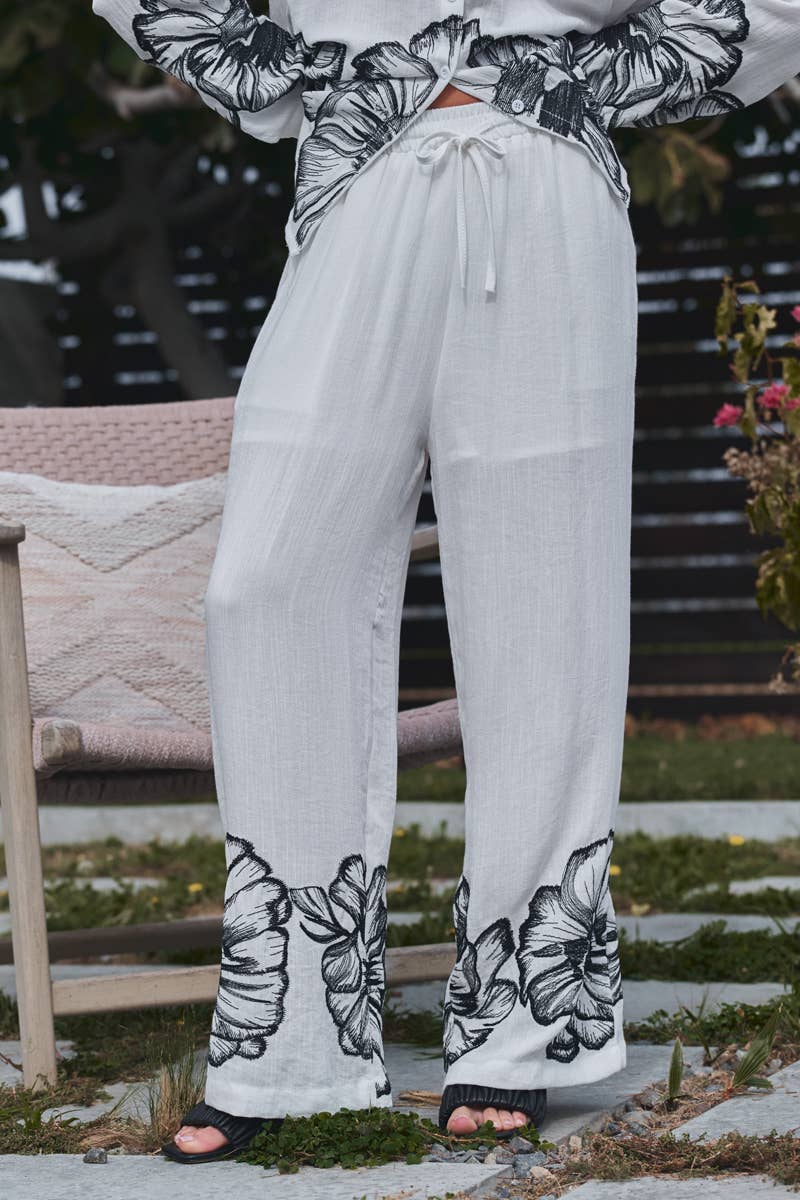 Urban Daizy Floral Embroidered Wide Leg Drawstring Pants White Pants - Women's (UDZ-OT-00168)