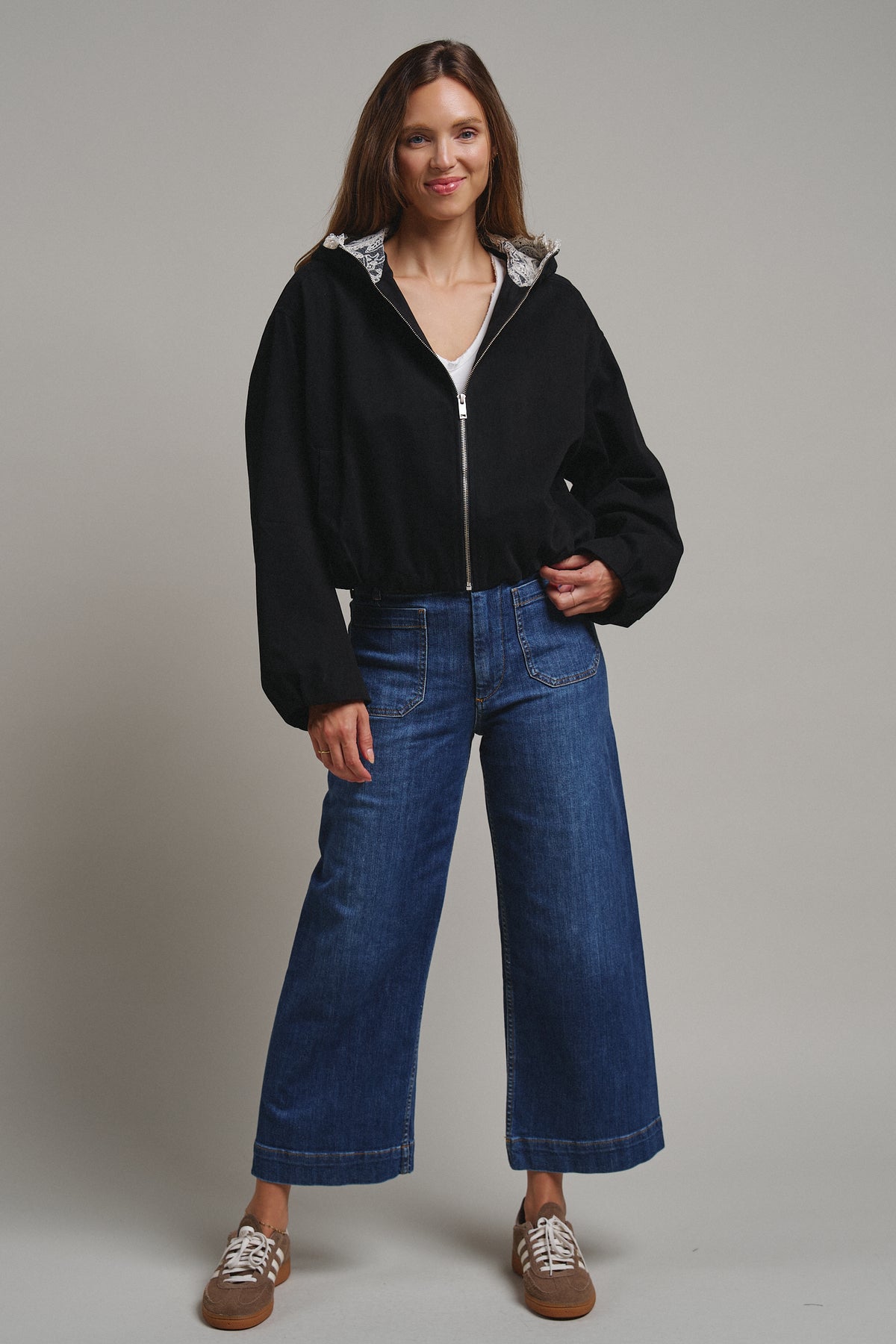 Lace-Lined Hooded Cotton Zip Jacket