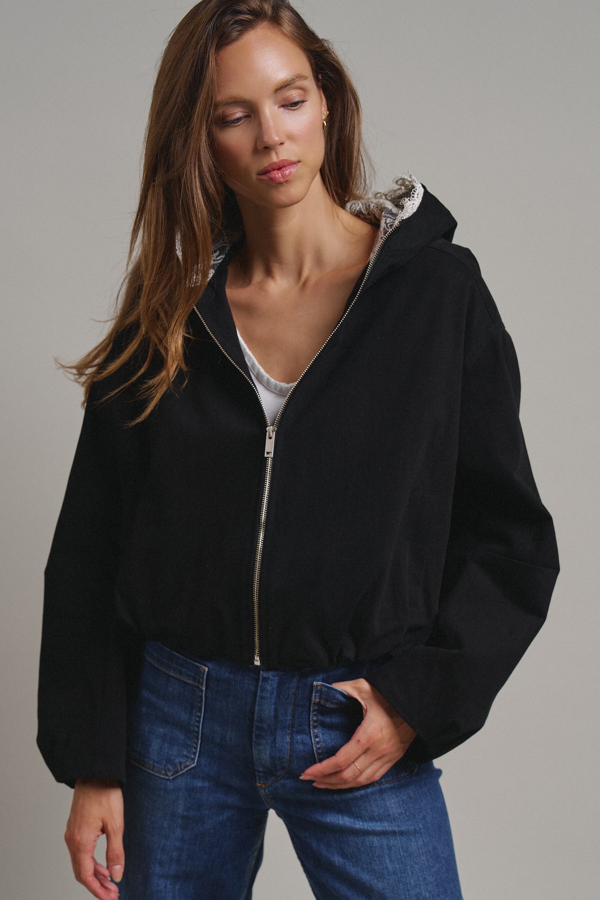 Lace-Lined Hooded Cotton Zip Jacket