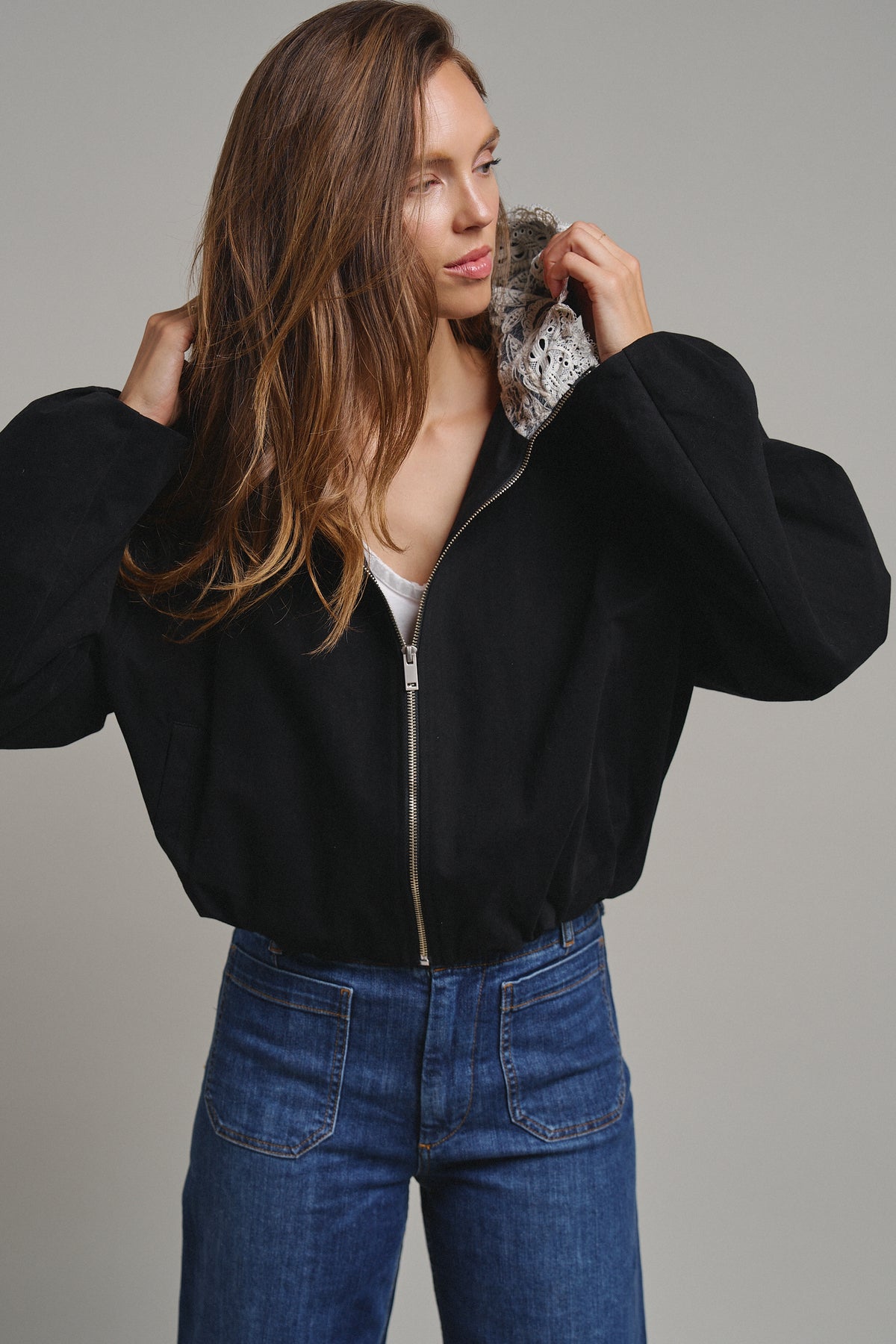 Lace-Lined Hooded Cotton Zip Jacket